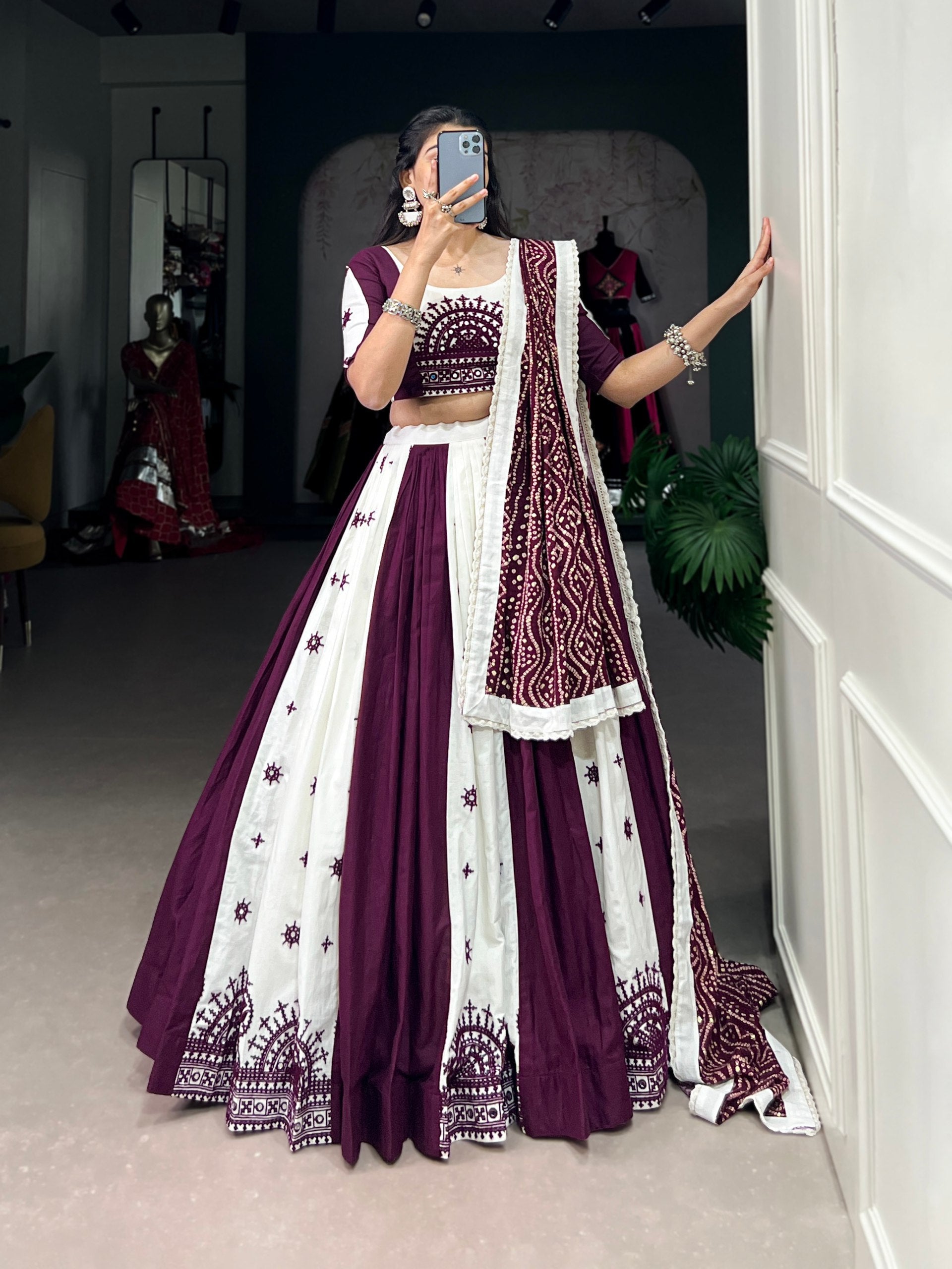 Exquisite Wine Pure Cotton Mirror Gamthi Worked Navratri Lehenga Choli - ETHNICDEAL