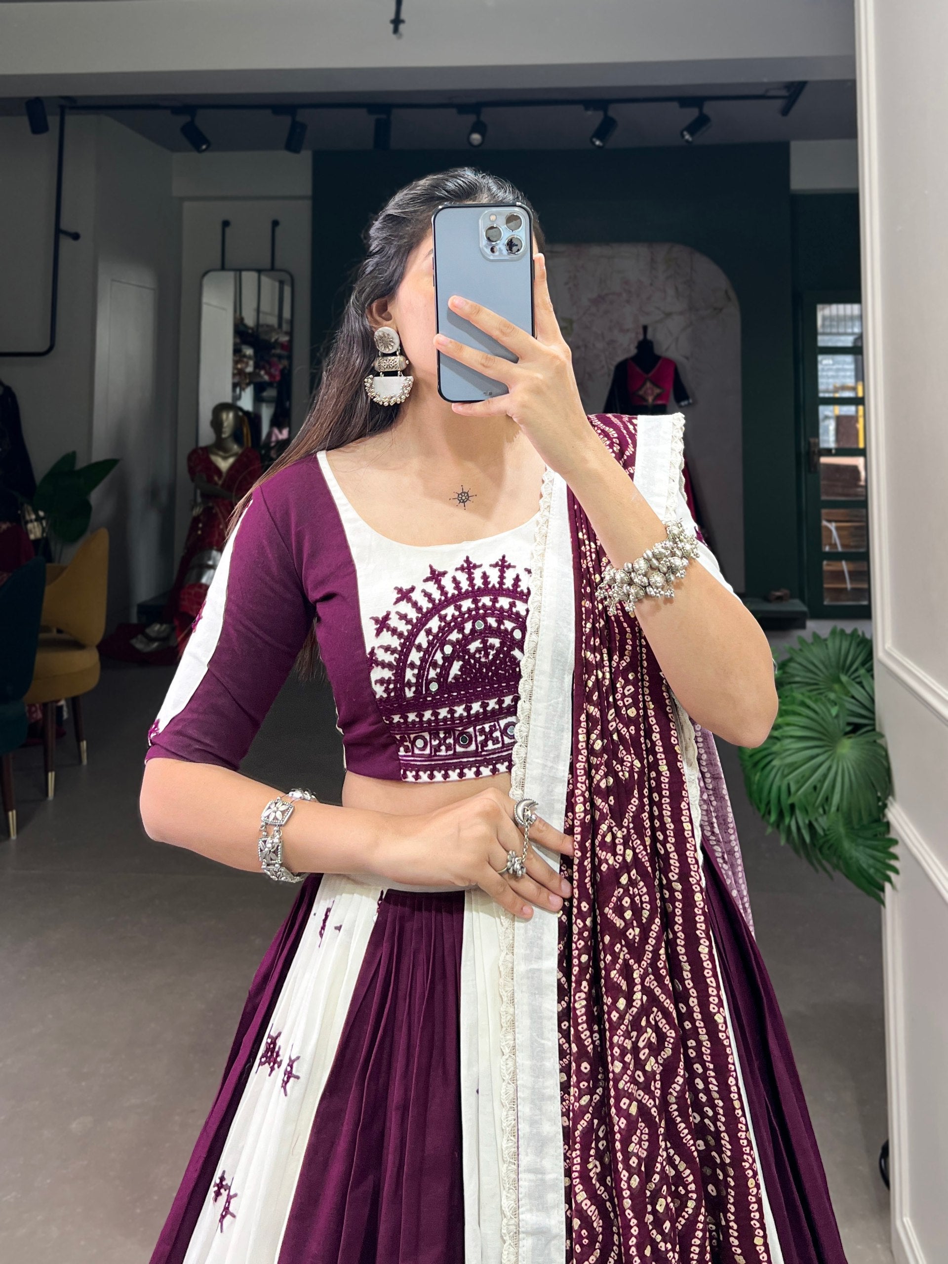 Exquisite Wine Pure Cotton Mirror Gamthi Worked Navratri Lehenga Choli - ETHNICDEAL