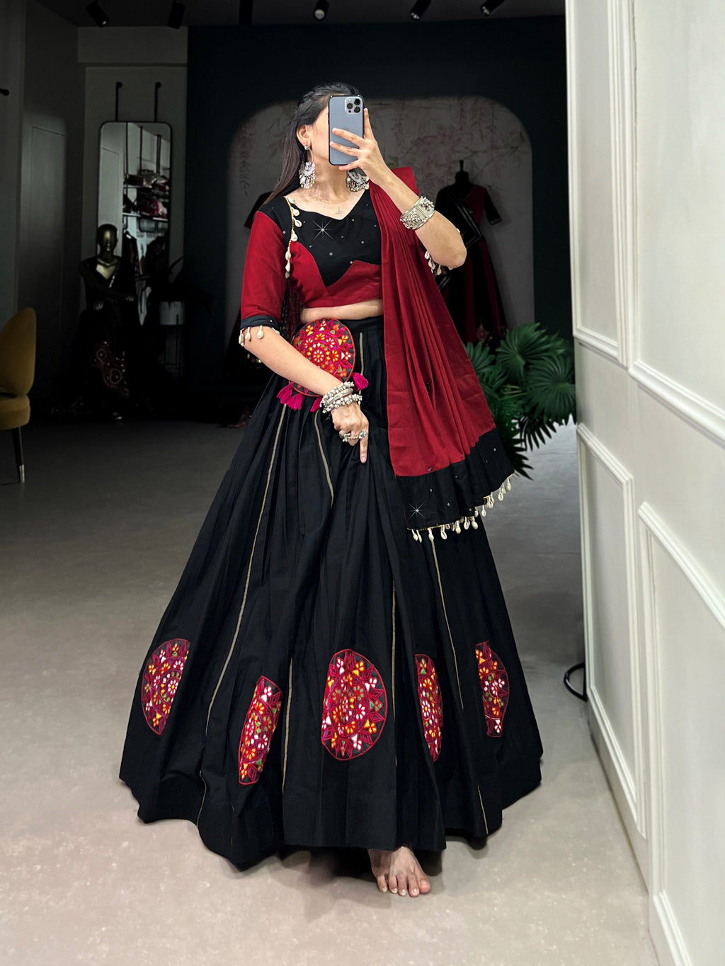 Graceful Black Pure Cotton Gamthi Worked Navratri Lehenga Choli - ETHNICDEAL