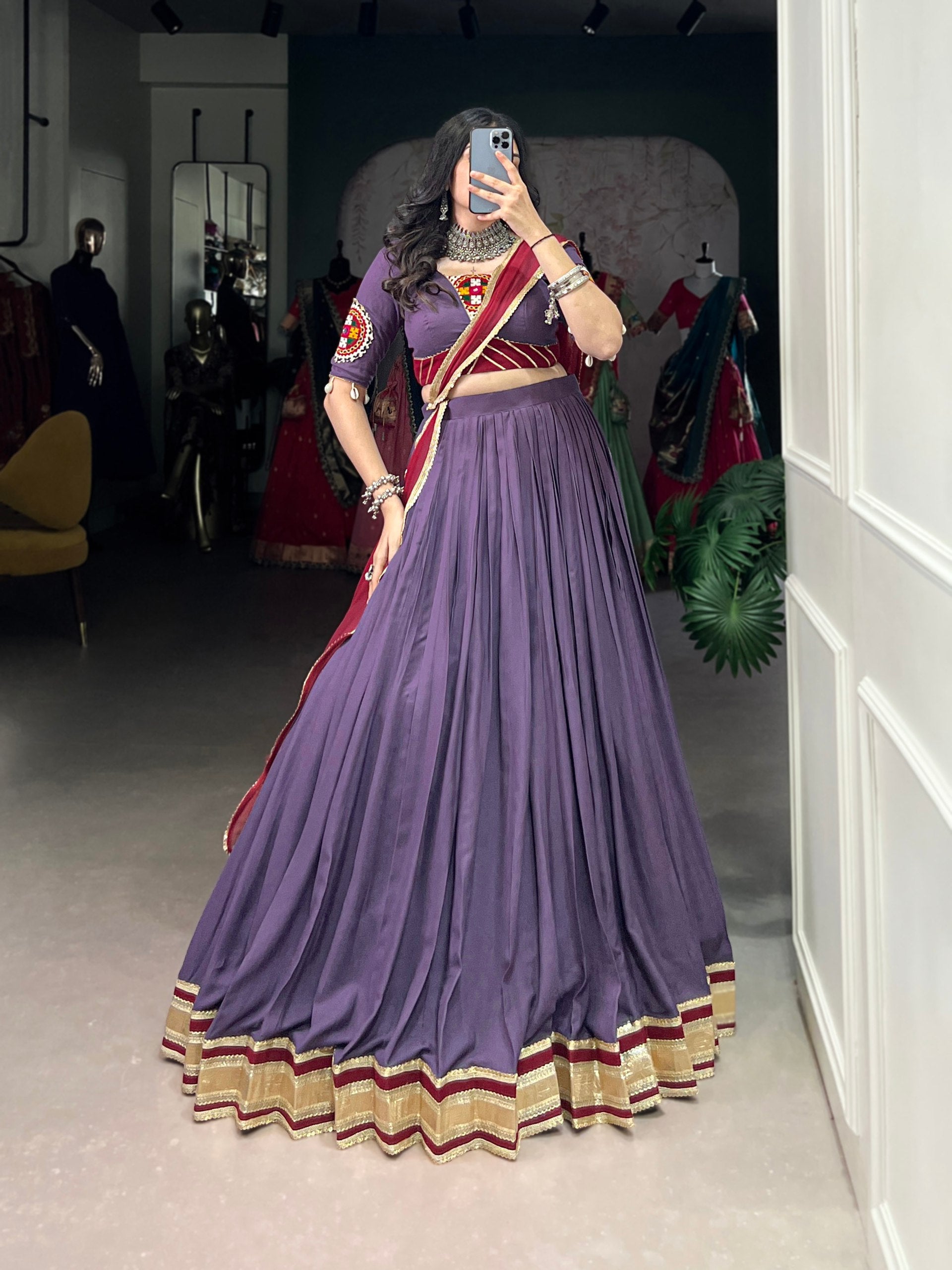 Lavender Embosse Sequins Lace Border Worked Navratri Lehenga Choli - ETHNICDEAL