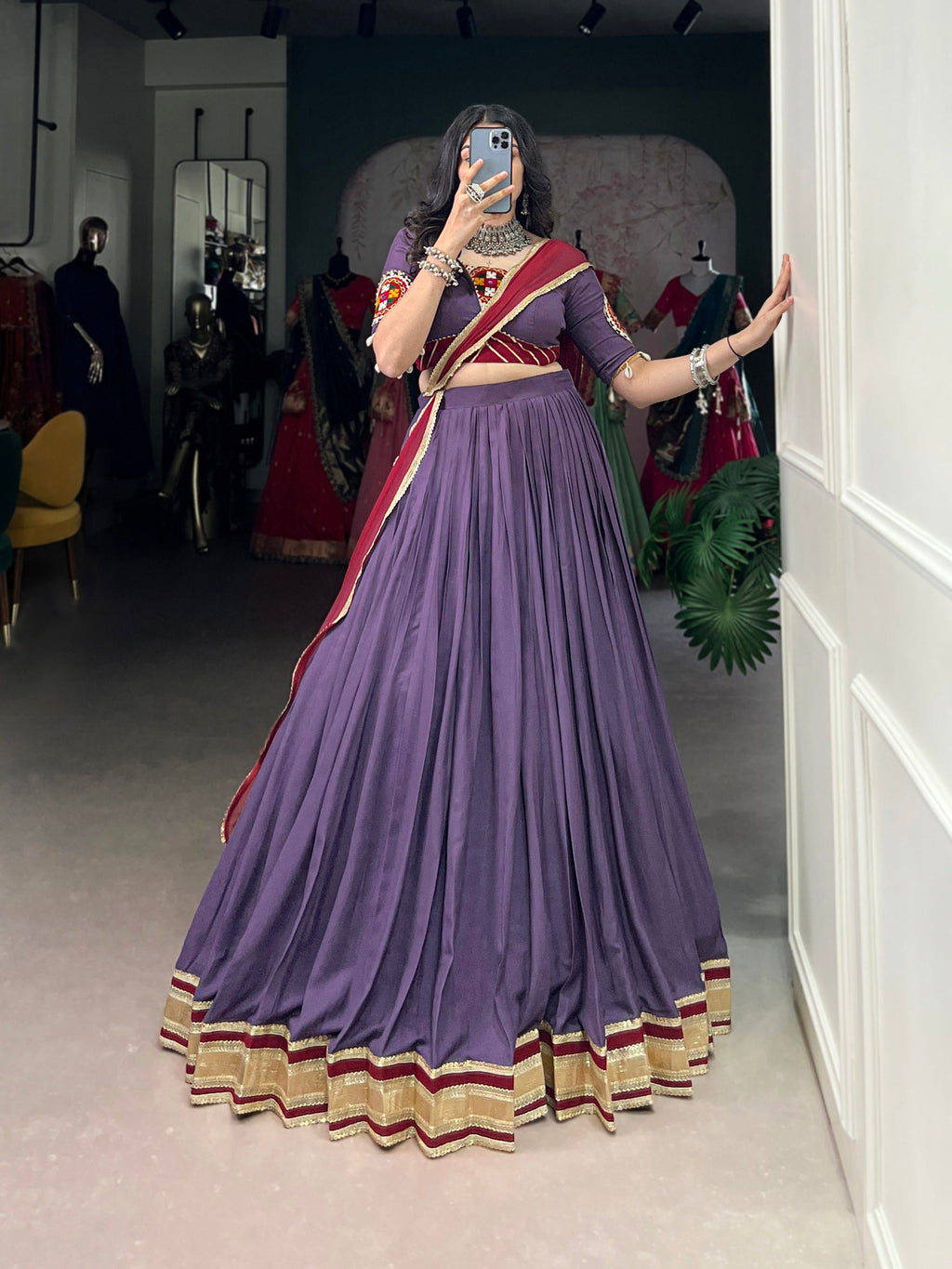 Lavender Embosse Sequins Lace Border Worked Navratri Lehenga Choli - ETHNICDEAL