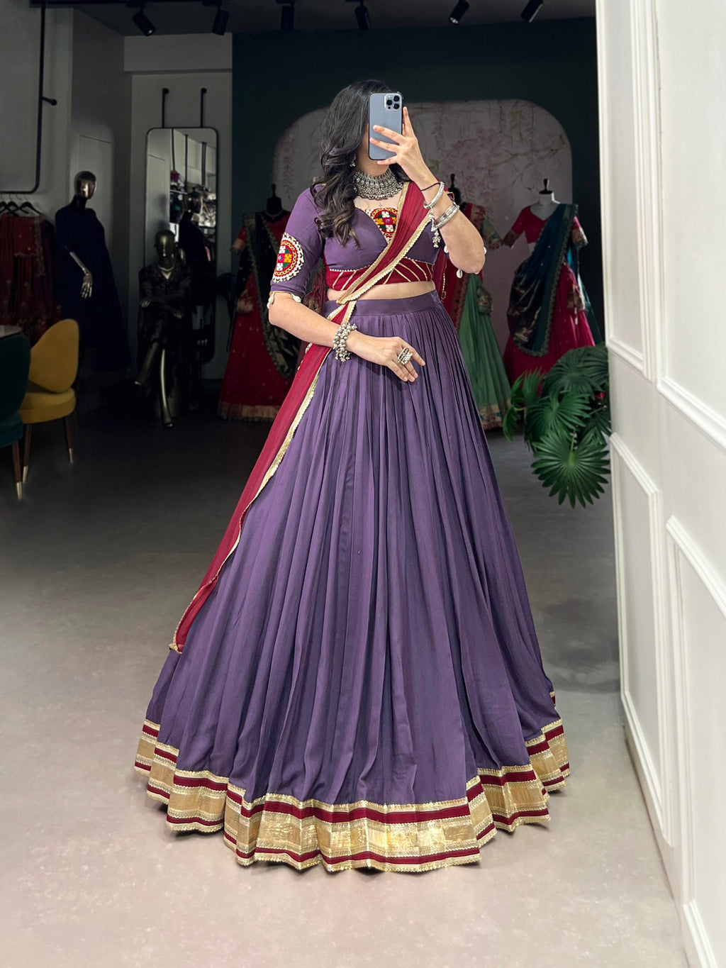 Lavender Embosse Sequins Lace Border Worked Navratri Lehenga Choli - ETHNICDEAL