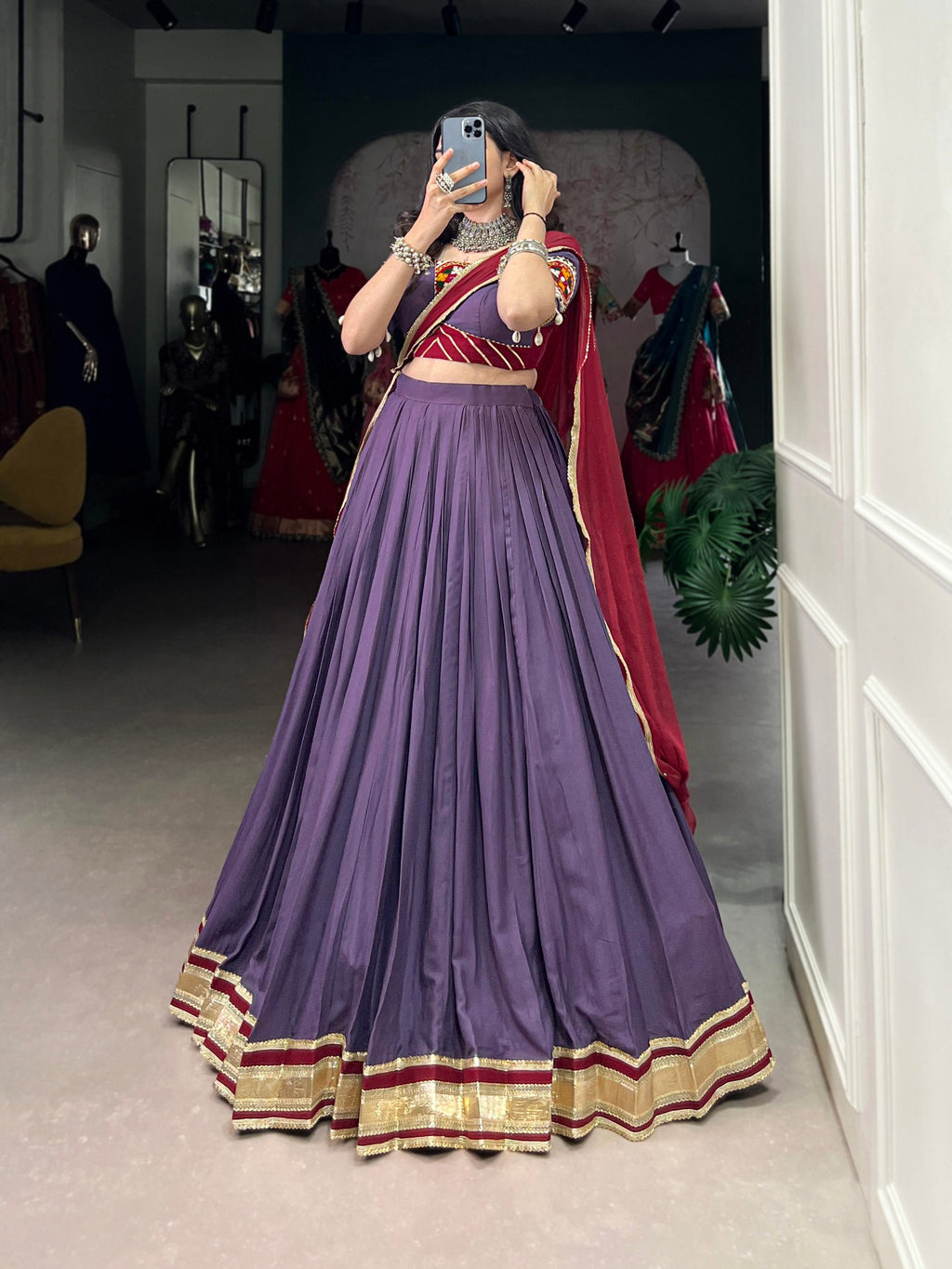 Lavender Embosse Sequins Lace Border Worked Navratri Lehenga Choli - ETHNICDEAL