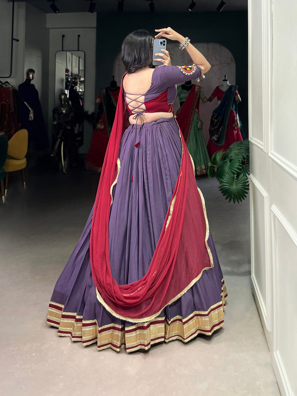 Lavender Embosse Sequins Lace Border Worked Navratri Lehenga Choli - ETHNICDEAL