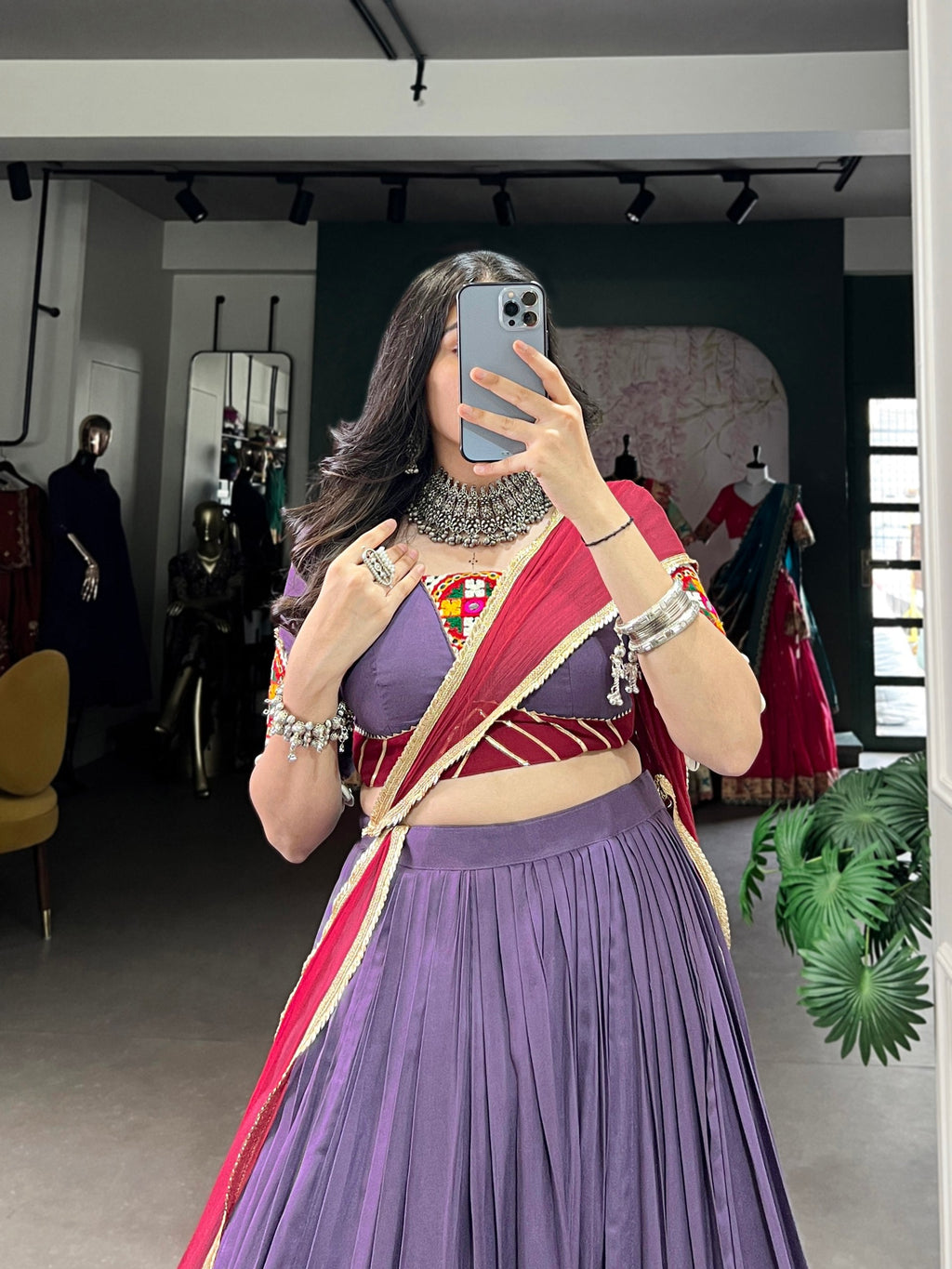 Lavender Embosse Sequins Lace Border Worked Navratri Lehenga Choli - ETHNICDEAL