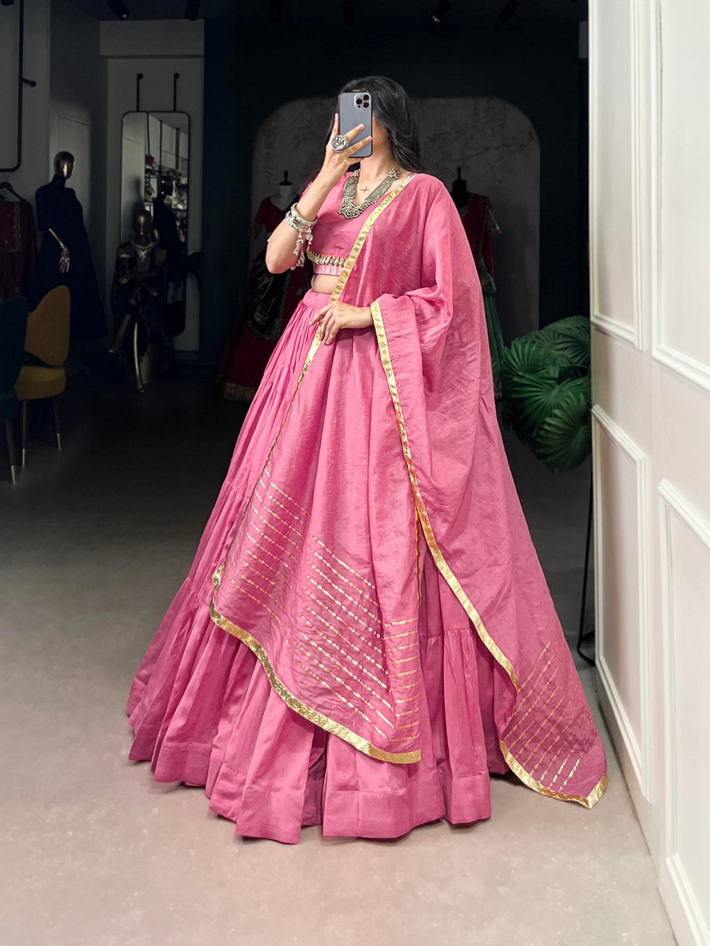 Light Pink Pure Chanderi Navratri Wear Lehenga Choli - ETHNICDEAL