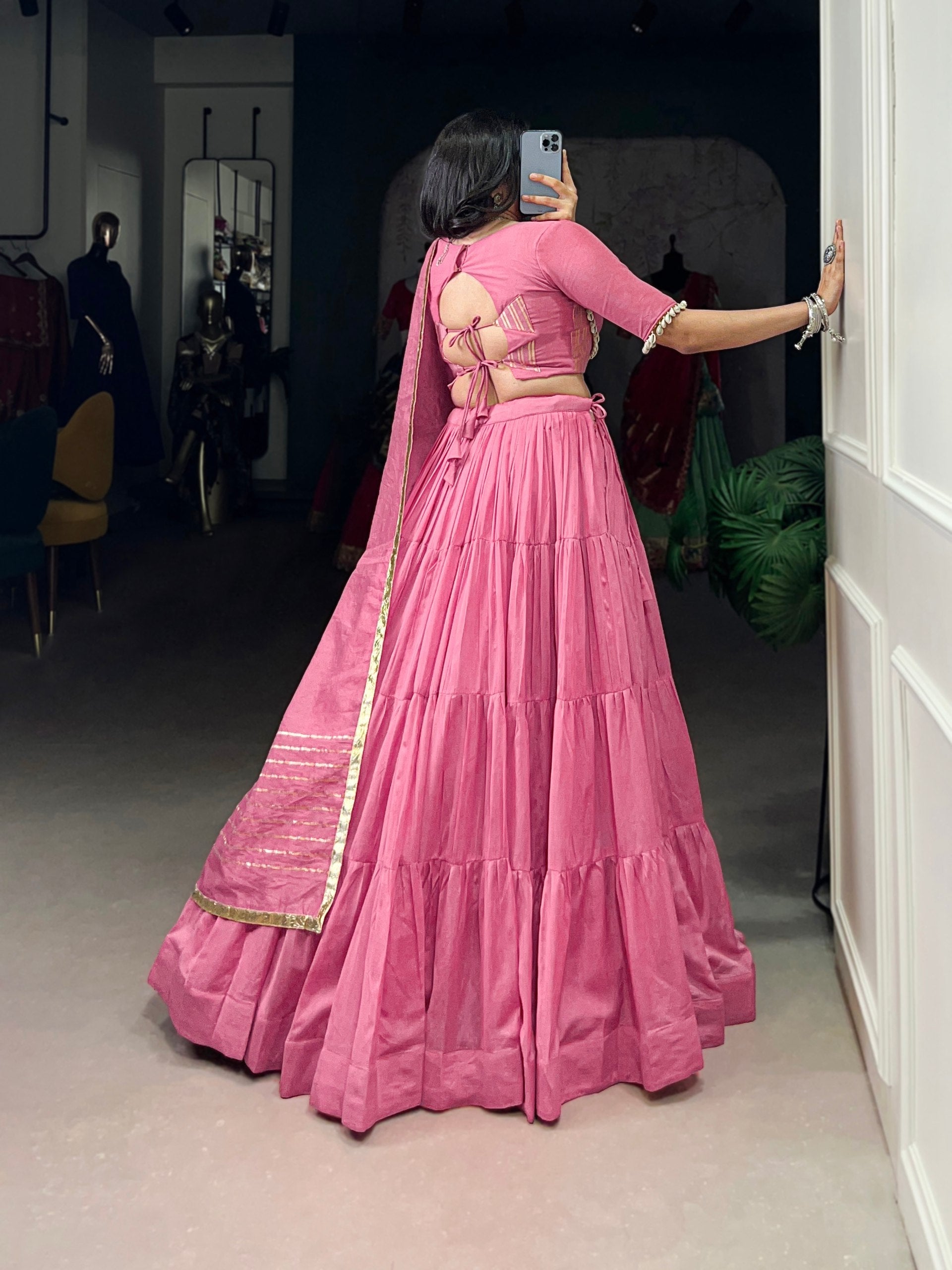 Light Pink Pure Chanderi Navratri Wear Lehenga Choli - ETHNICDEAL