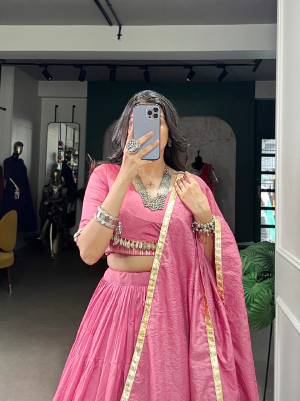 Light Pink Pure Chanderi Navratri Wear Lehenga Choli - ETHNICDEAL