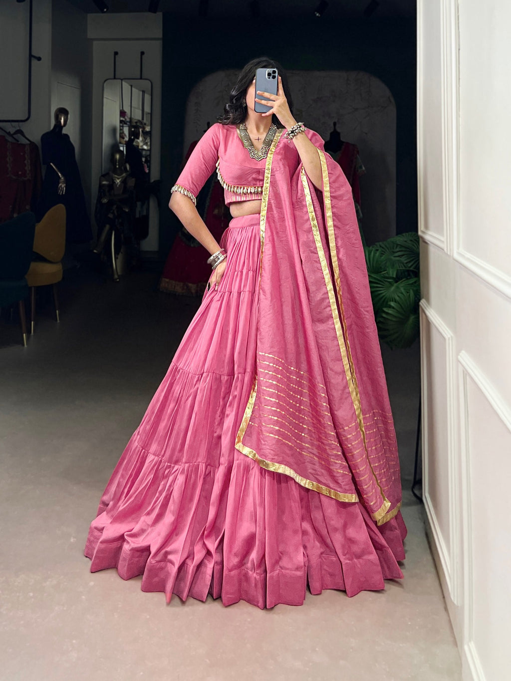 Light Pink Pure Chanderi Navratri Wear Lehenga Choli - ETHNICDEAL
