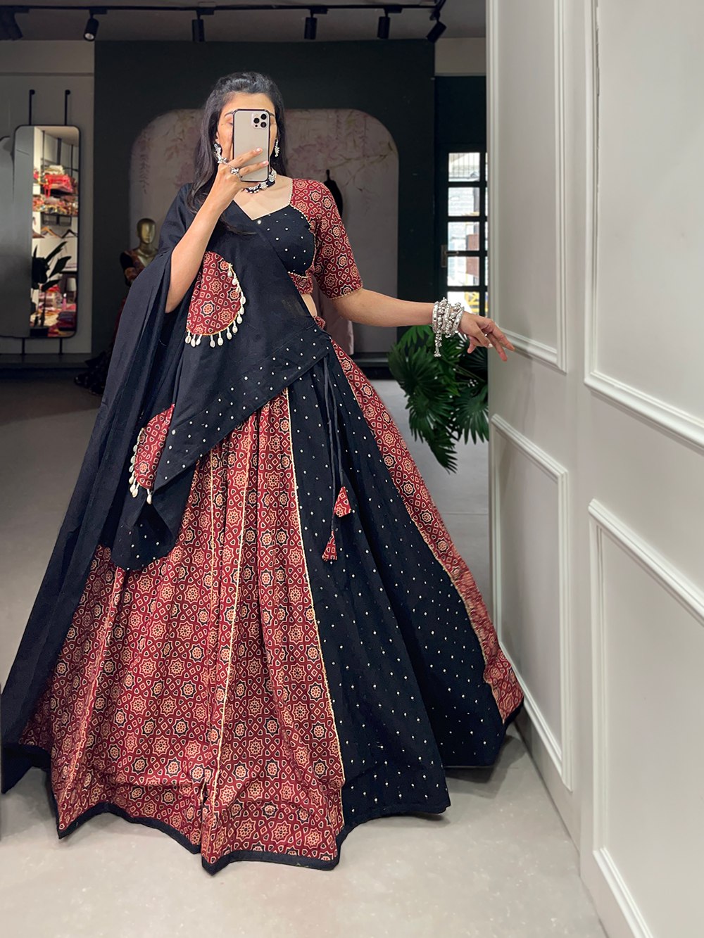Maroon Pure Cotton Printed Mirror Worked Lehenga Choli - ETHNICDEAL