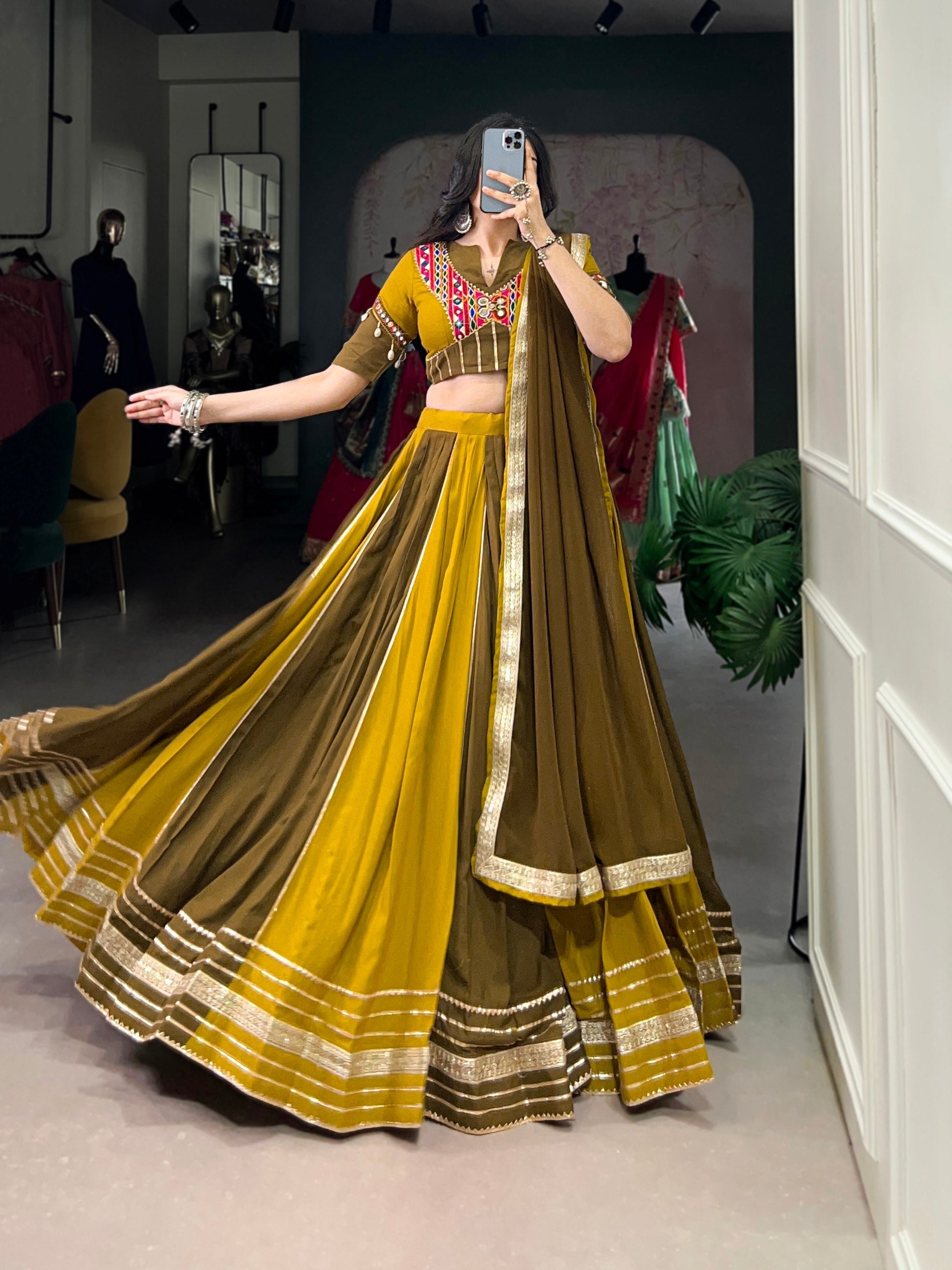 Mehendi Green Pure Rayon Navratri Wear Lehenga Choli - ETHNICDEAL