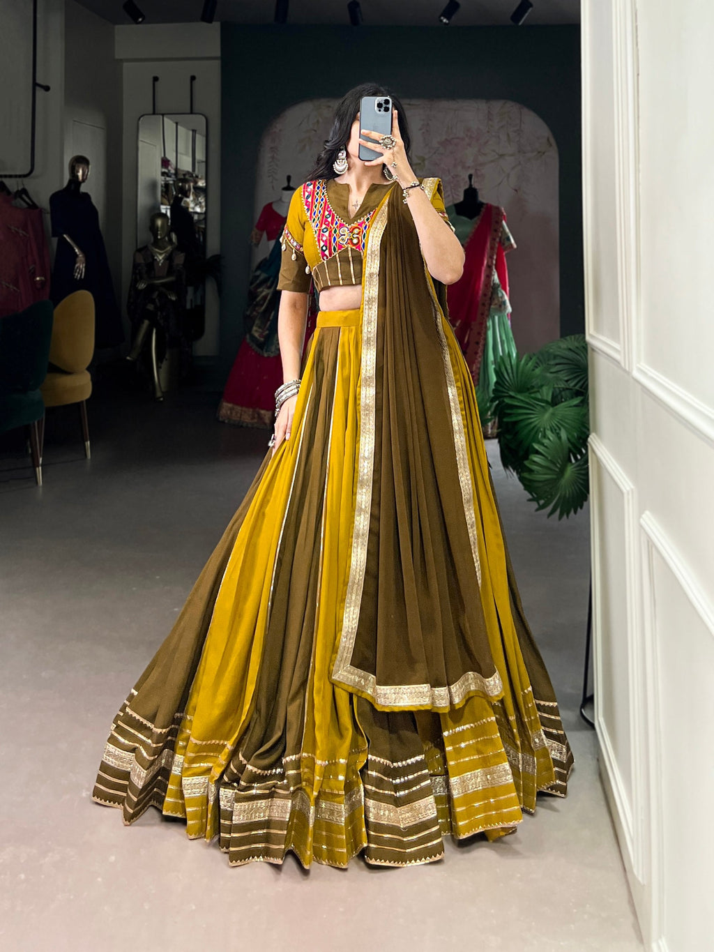 Mehendi Green Pure Rayon Navratri Wear Lehenga Choli - ETHNICDEAL