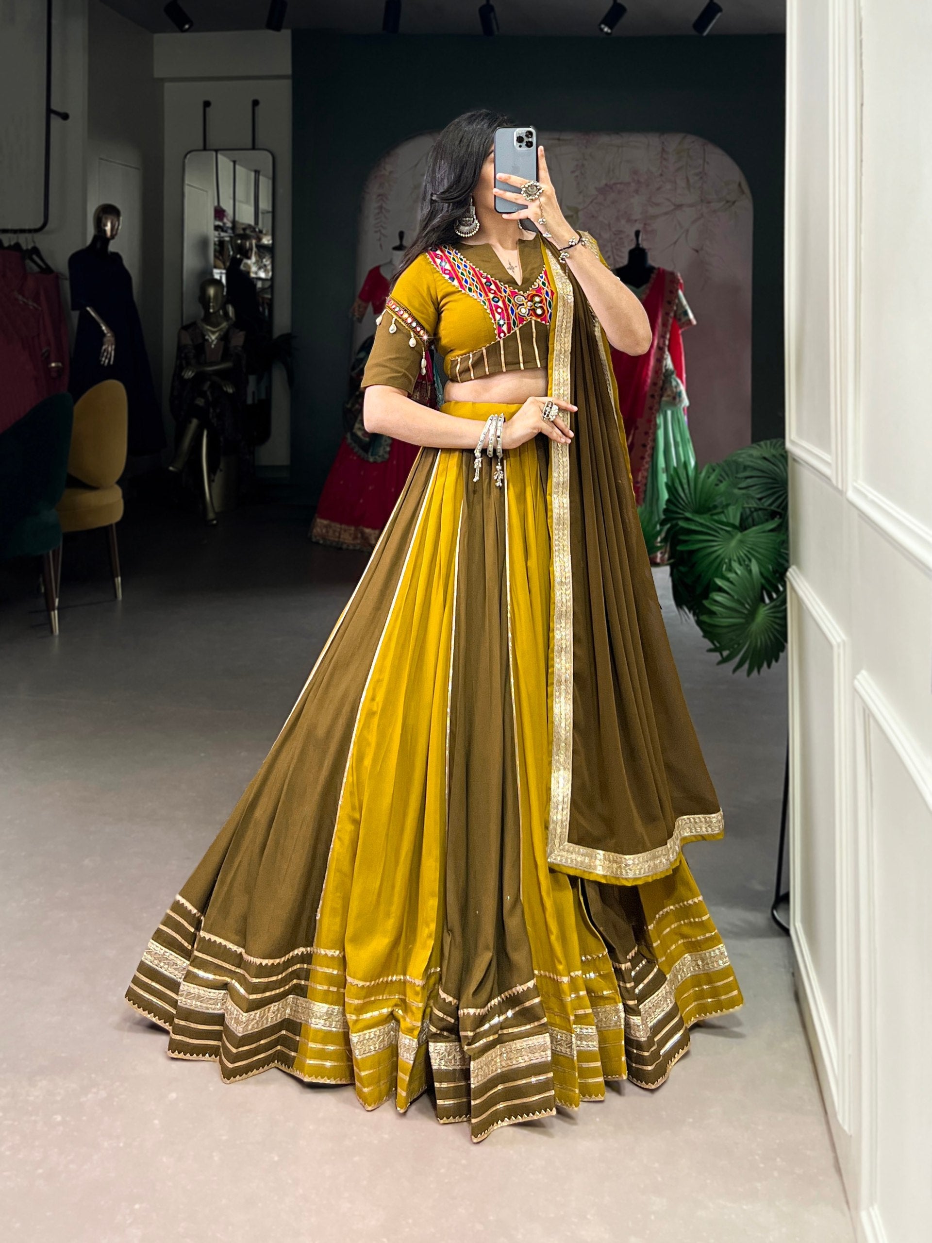 Mehendi Green Pure Rayon Navratri Wear Lehenga Choli - ETHNICDEAL