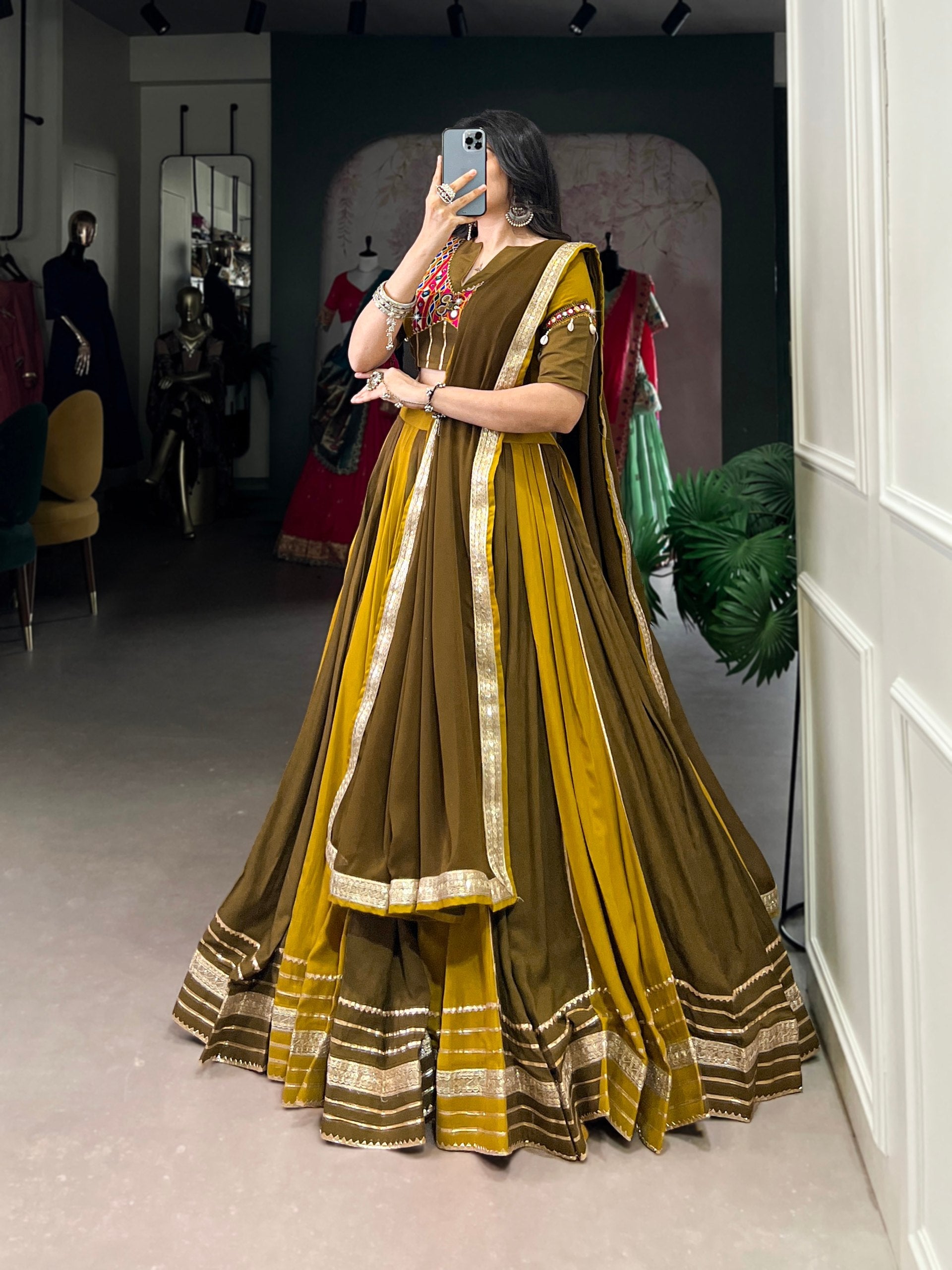 Mehendi Green Pure Rayon Navratri Wear Lehenga Choli - ETHNICDEAL
