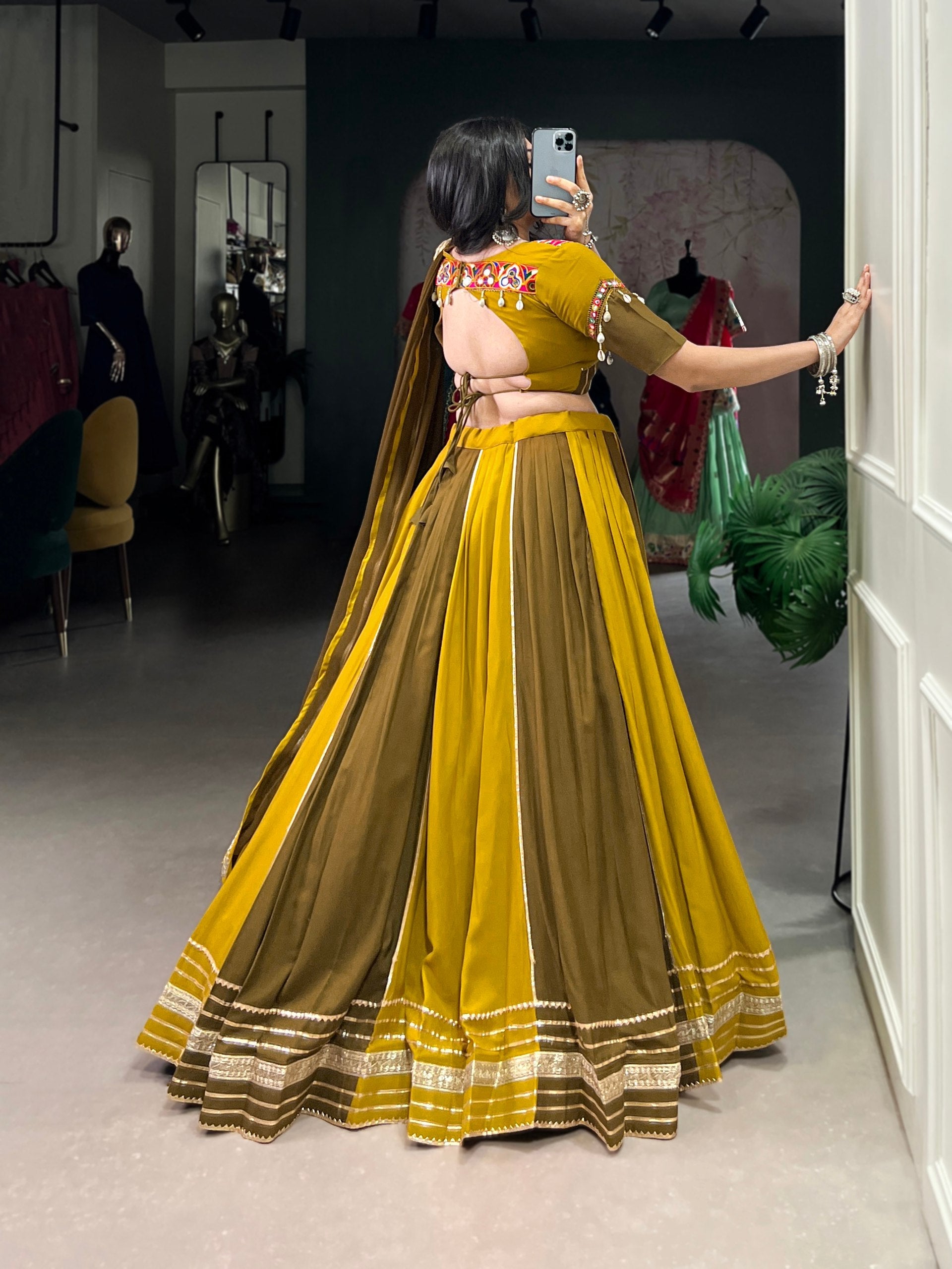 Mehendi Green Pure Rayon Navratri Wear Lehenga Choli - ETHNICDEAL