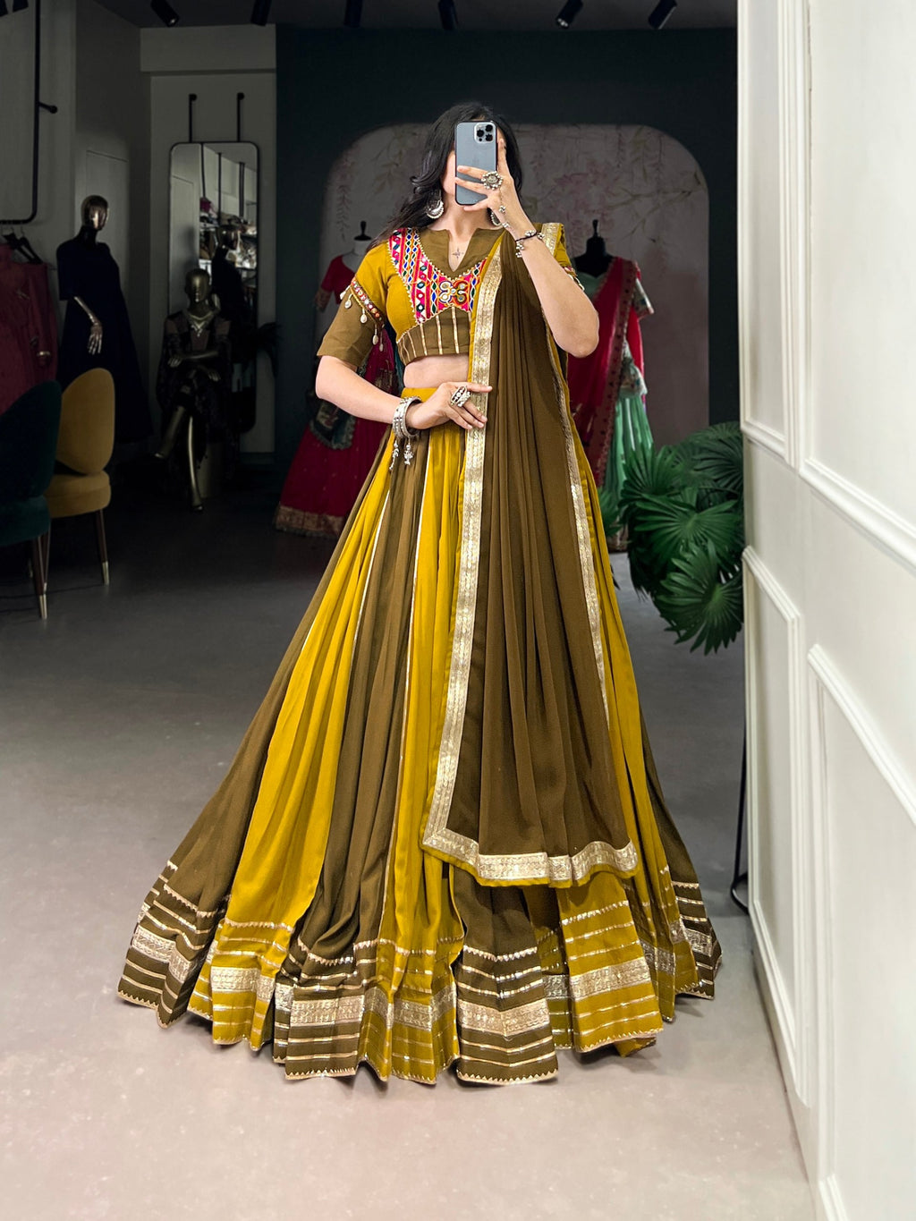 Mehendi Green Pure Rayon Navratri Wear Lehenga Choli - ETHNICDEAL