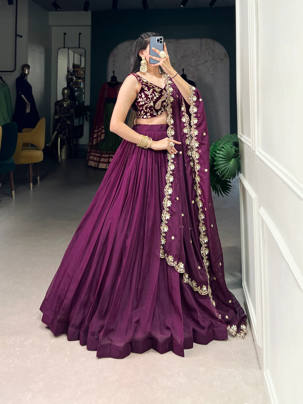 Mesmerizing Wine Organza Sequins Thread Worked Lehenga Choli - ETHNICDEAL