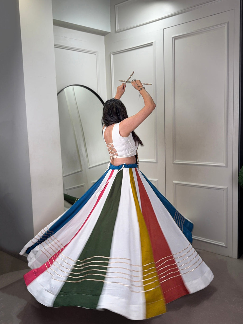 Multicolored Stripe Pure Rayon Navratri Wear Lehenga Choli - ETHNICDEAL