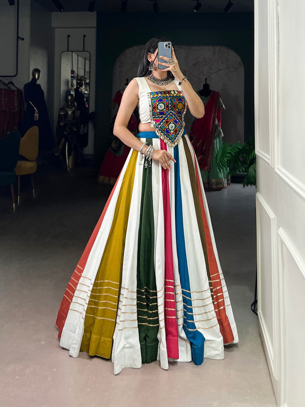 Multicolored Stripe Pure Rayon Navratri Wear Lehenga Choli - ETHNICDEAL