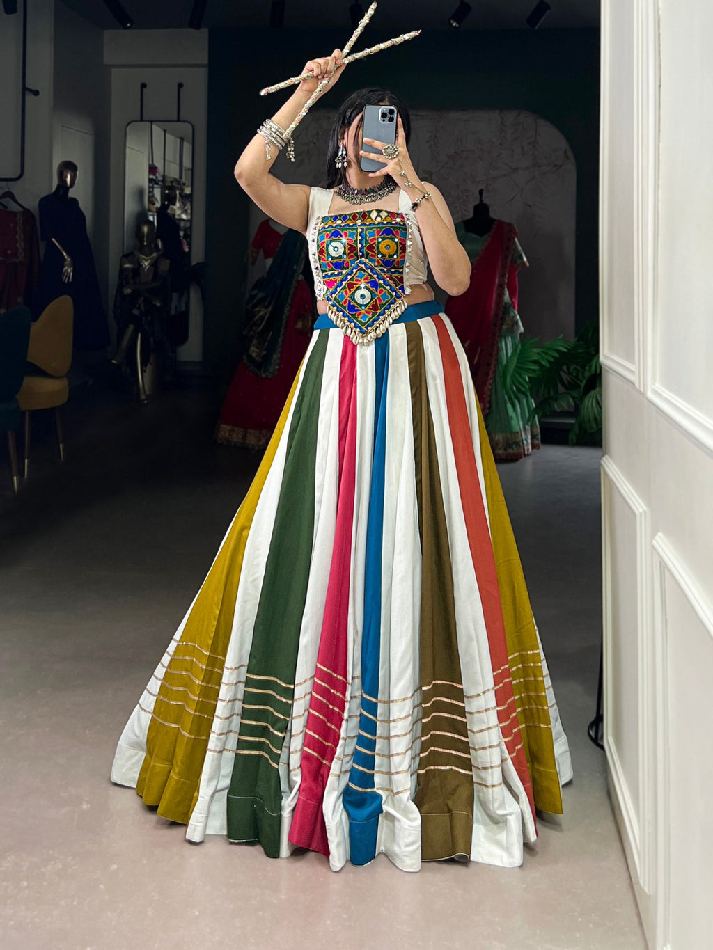 Multicolored Stripe Pure Rayon Navratri Wear Lehenga Choli - ETHNICDEAL