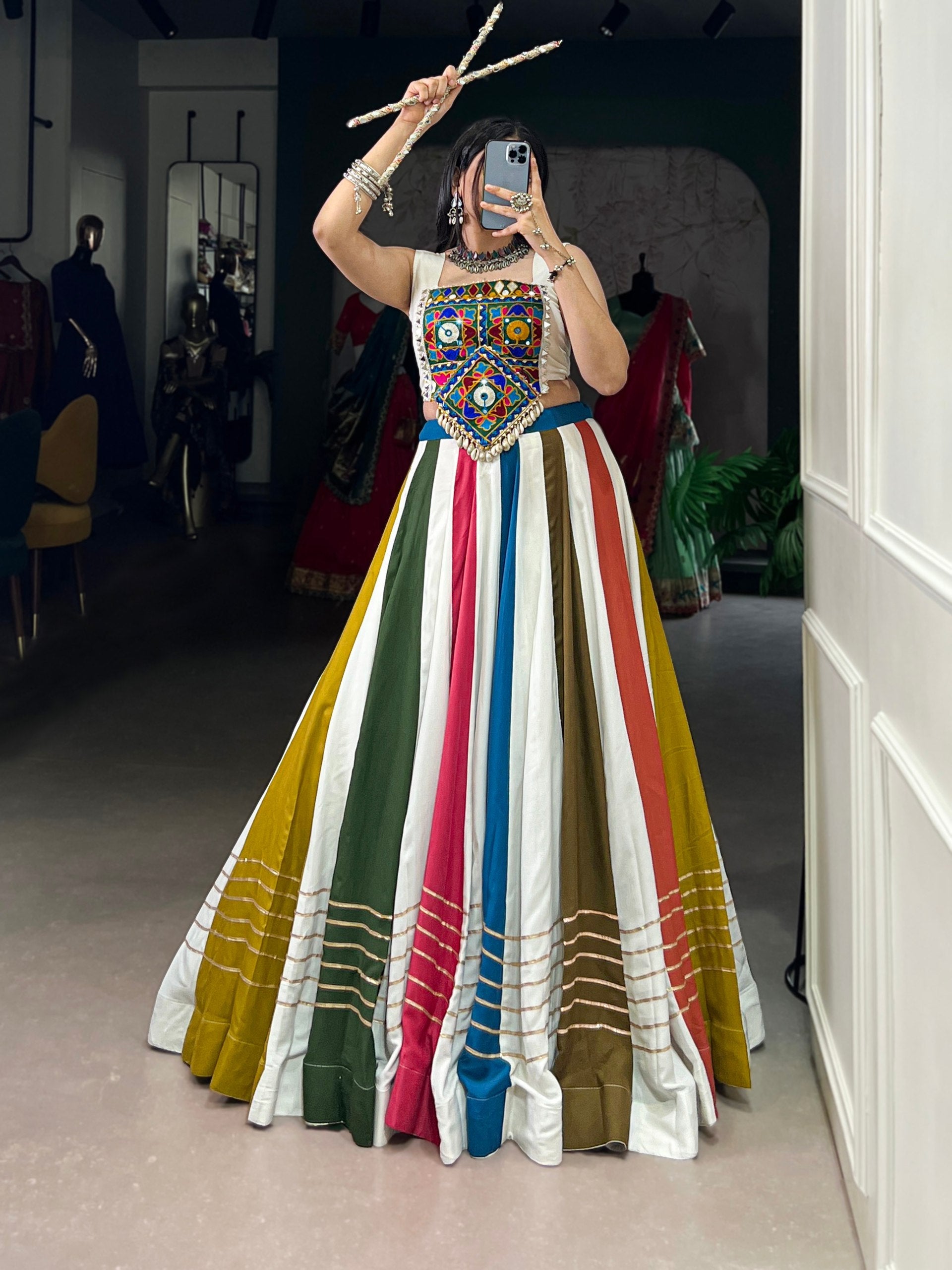 Multicolored Stripe Pure Rayon Navratri Wear Lehenga Choli - ETHNICDEAL