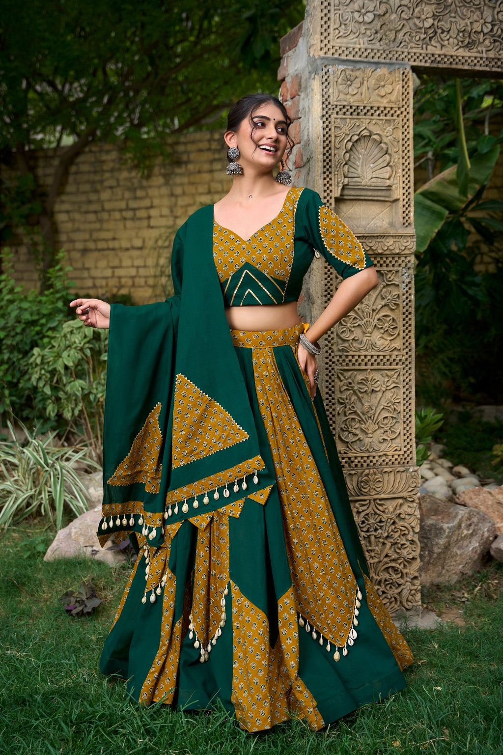 Mustard & Green Pure Cotton Fully Stitched Navratri Lehenga Choli - ETHNICDEAL