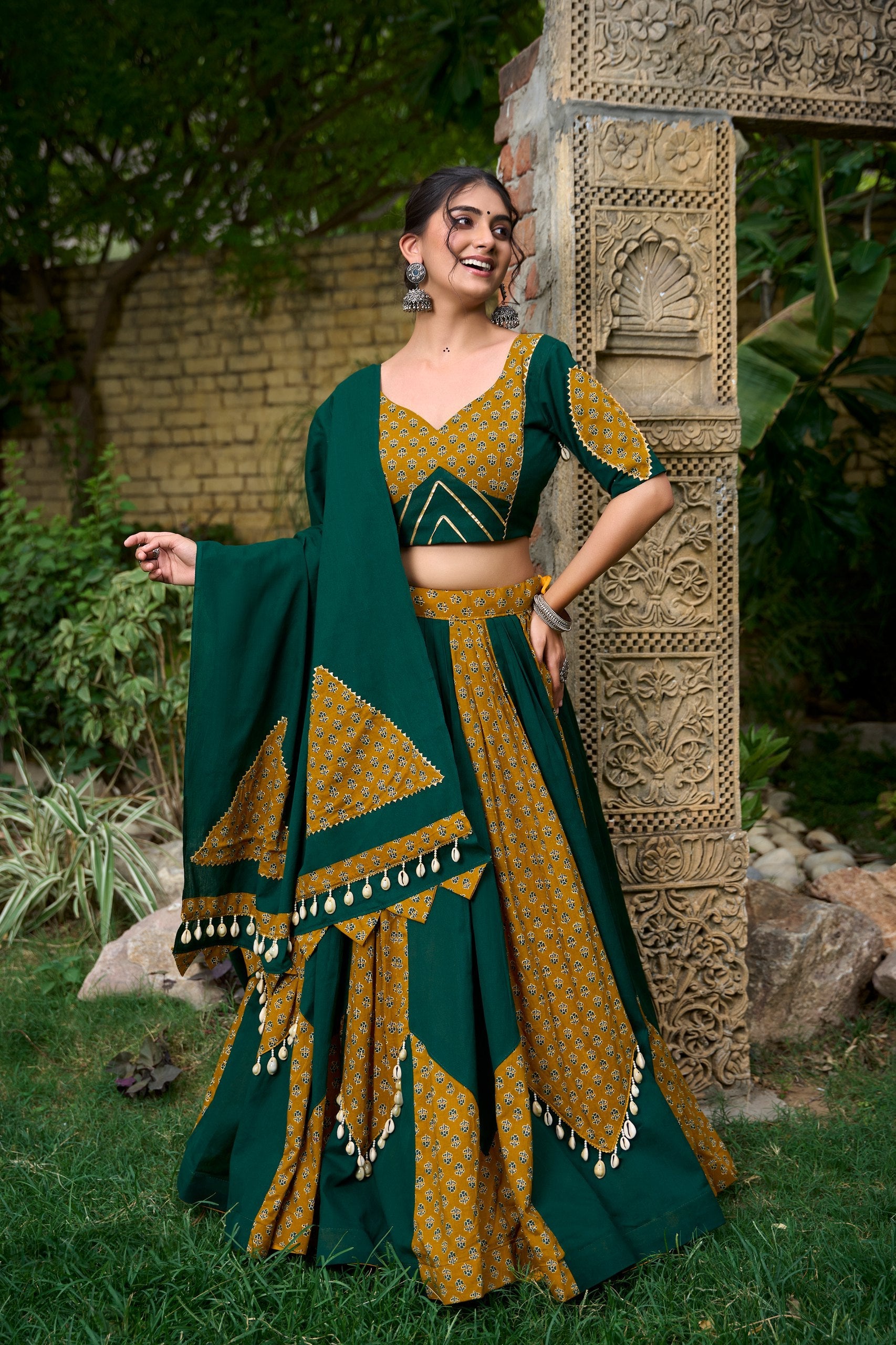 Mustard & Green Pure Cotton Fully Stitched Navratri Lehenga Choli - ETHNICDEAL
