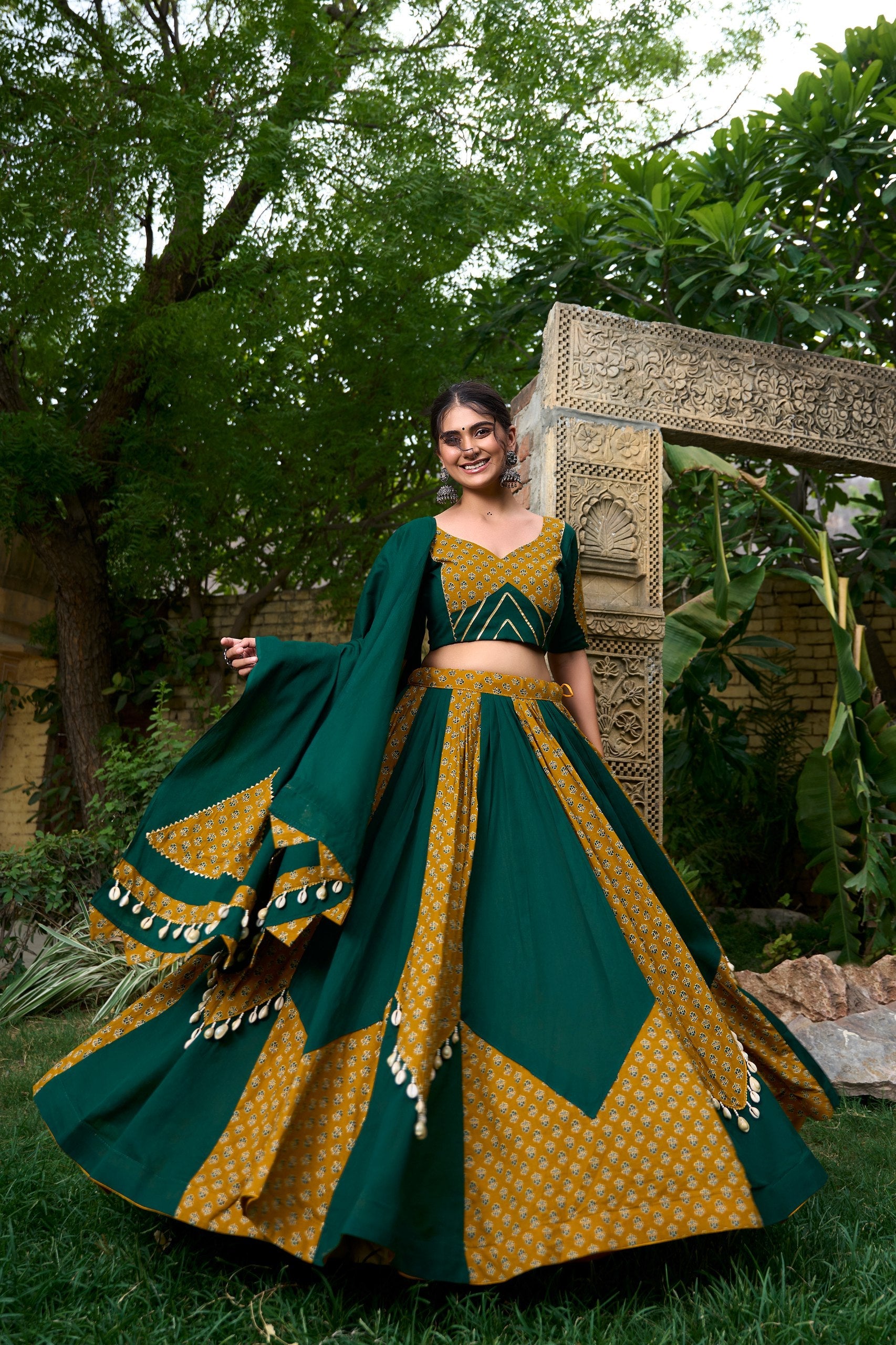 Mustard & Green Pure Cotton Fully Stitched Navratri Lehenga Choli - ETHNICDEAL