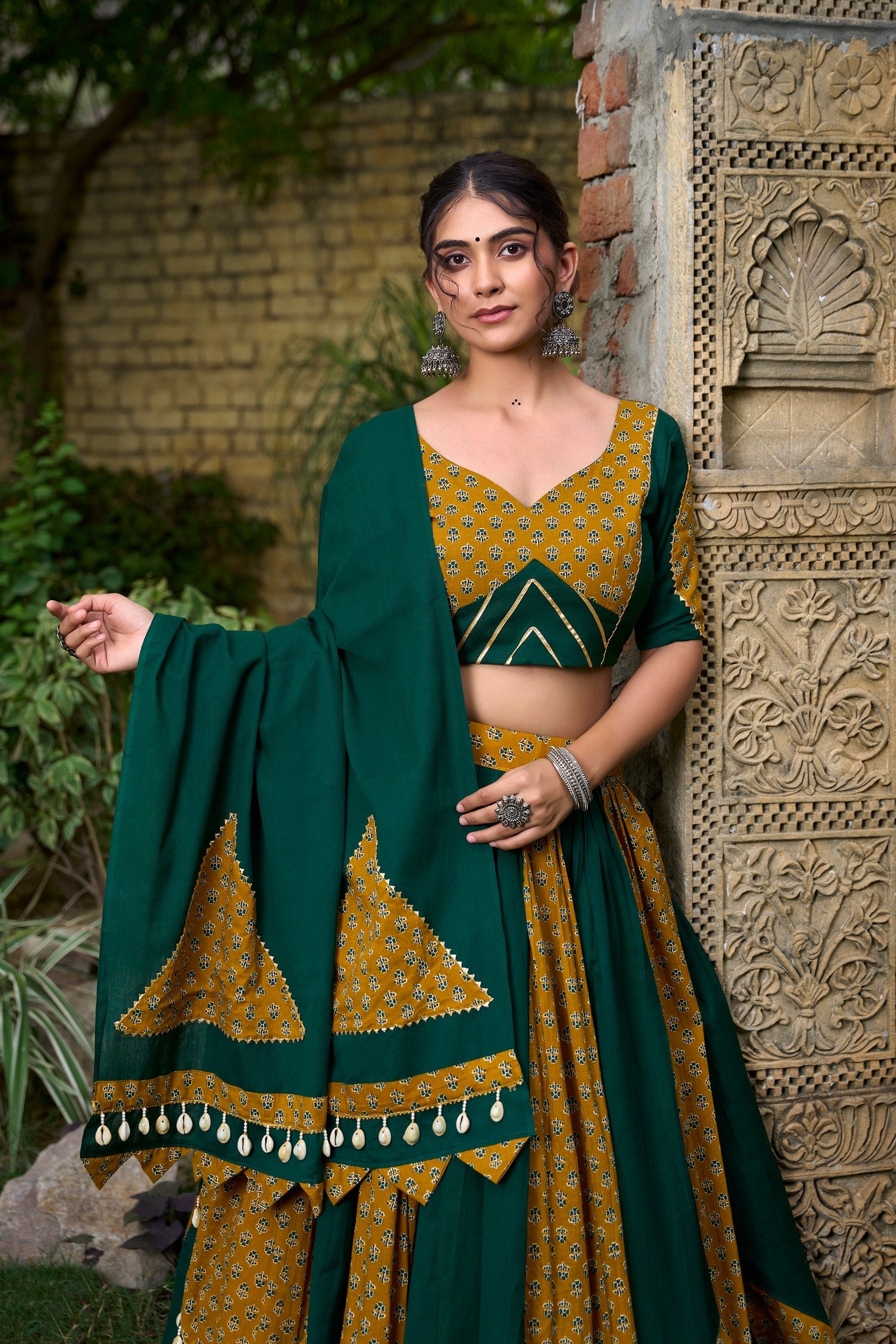 Mustard & Green Pure Cotton Fully Stitched Navratri Lehenga Choli - ETHNICDEAL