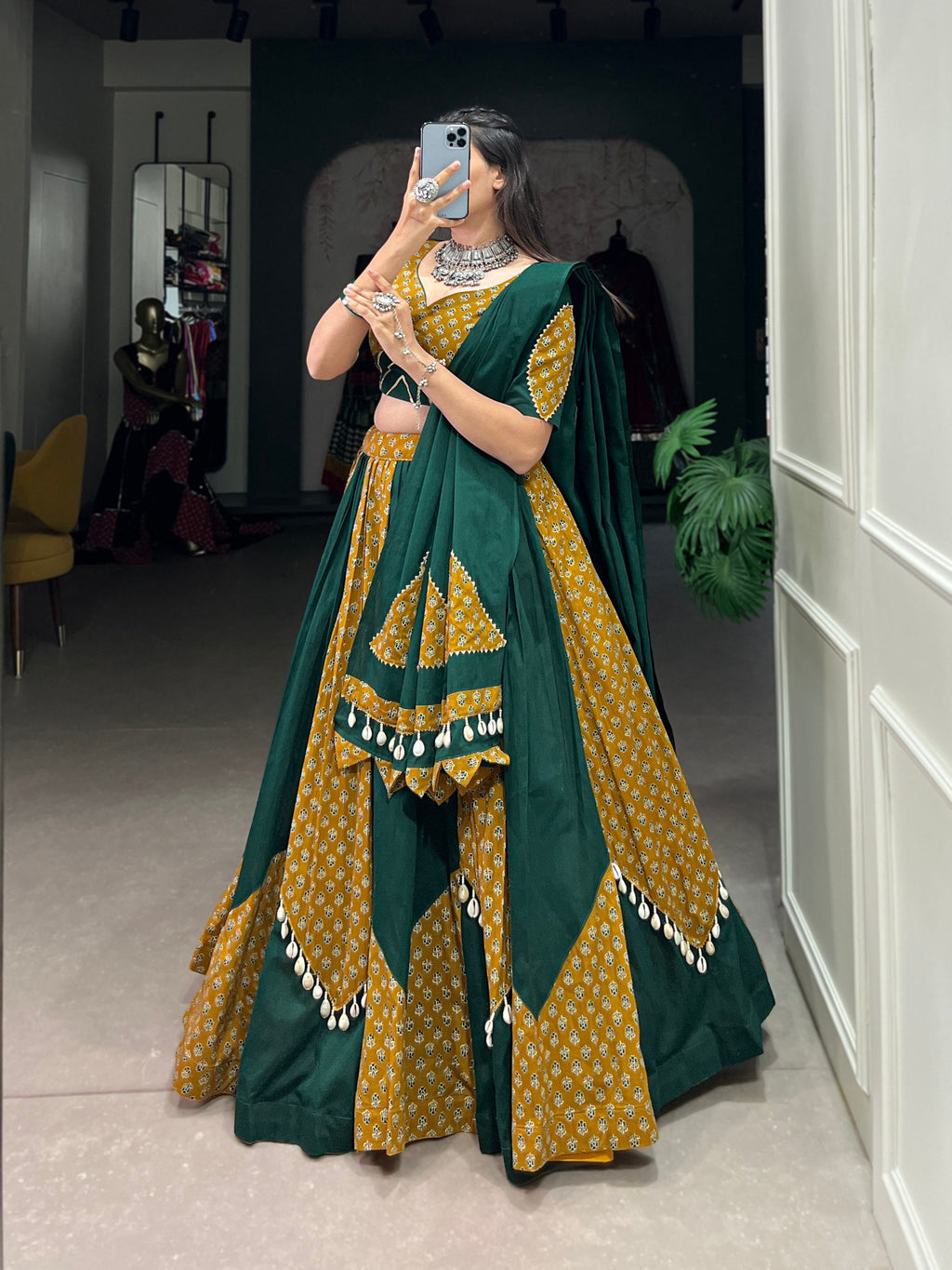 Mustard & Green Pure Cotton Fully Stitched Navratri Lehenga Choli - ETHNICDEAL