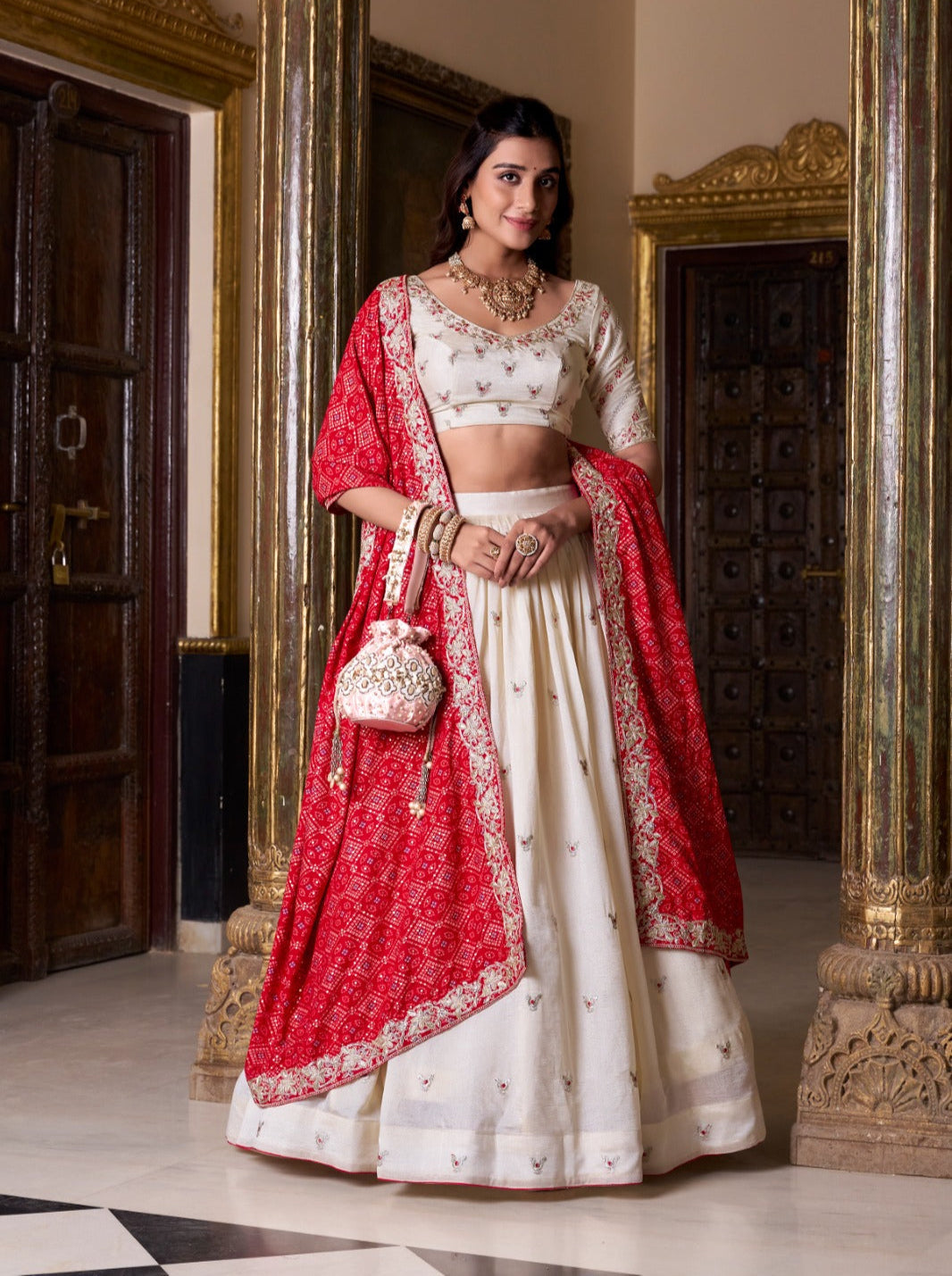 Off White Vichitra Silk Thread Sequins Worked Lehenga Choli - ETHNICDEAL