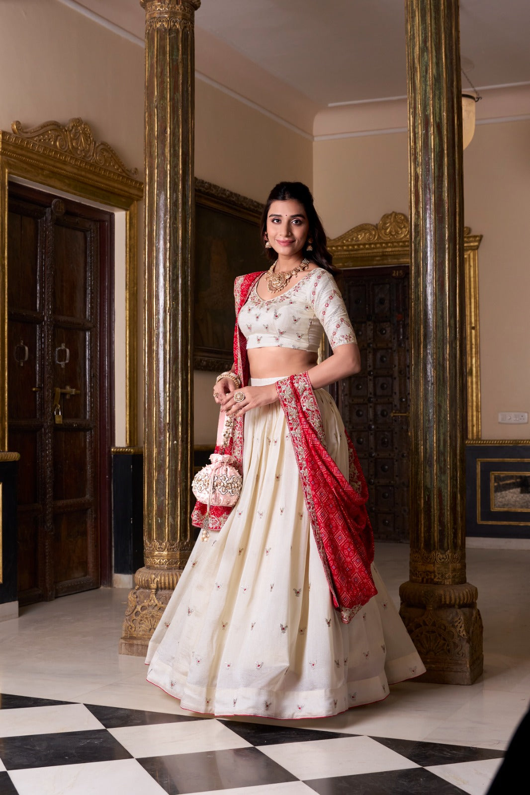 Off White Vichitra Silk Thread Sequins Worked Lehenga Choli - ETHNICDEAL
