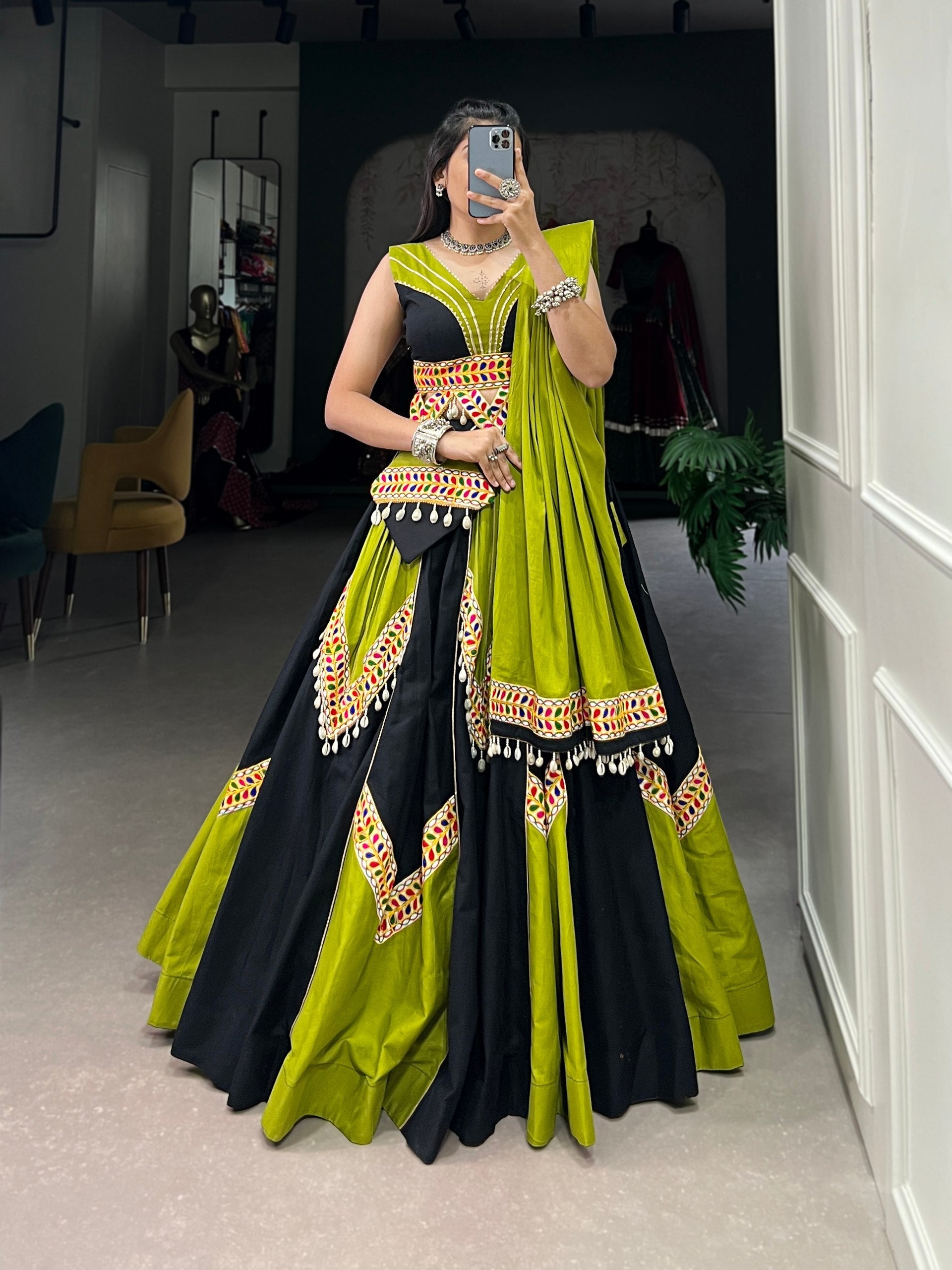 Parrot Green Gamthi Cowrie Worked Navratri Wear Lehenga Choli - ETHNICDEAL