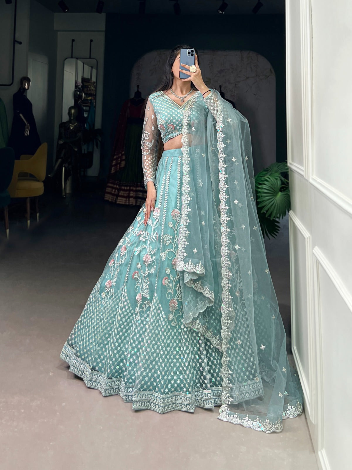 Pastel Blue Net Sequins Thread Worked Lehenga Choli - ETHNICDEAL