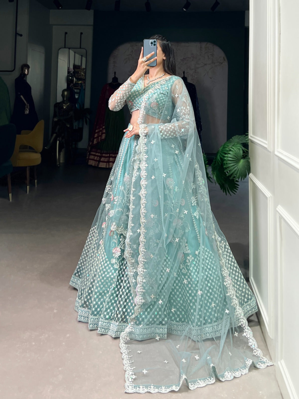 Pastel Blue Net Sequins Thread Worked Lehenga Choli - ETHNICDEAL