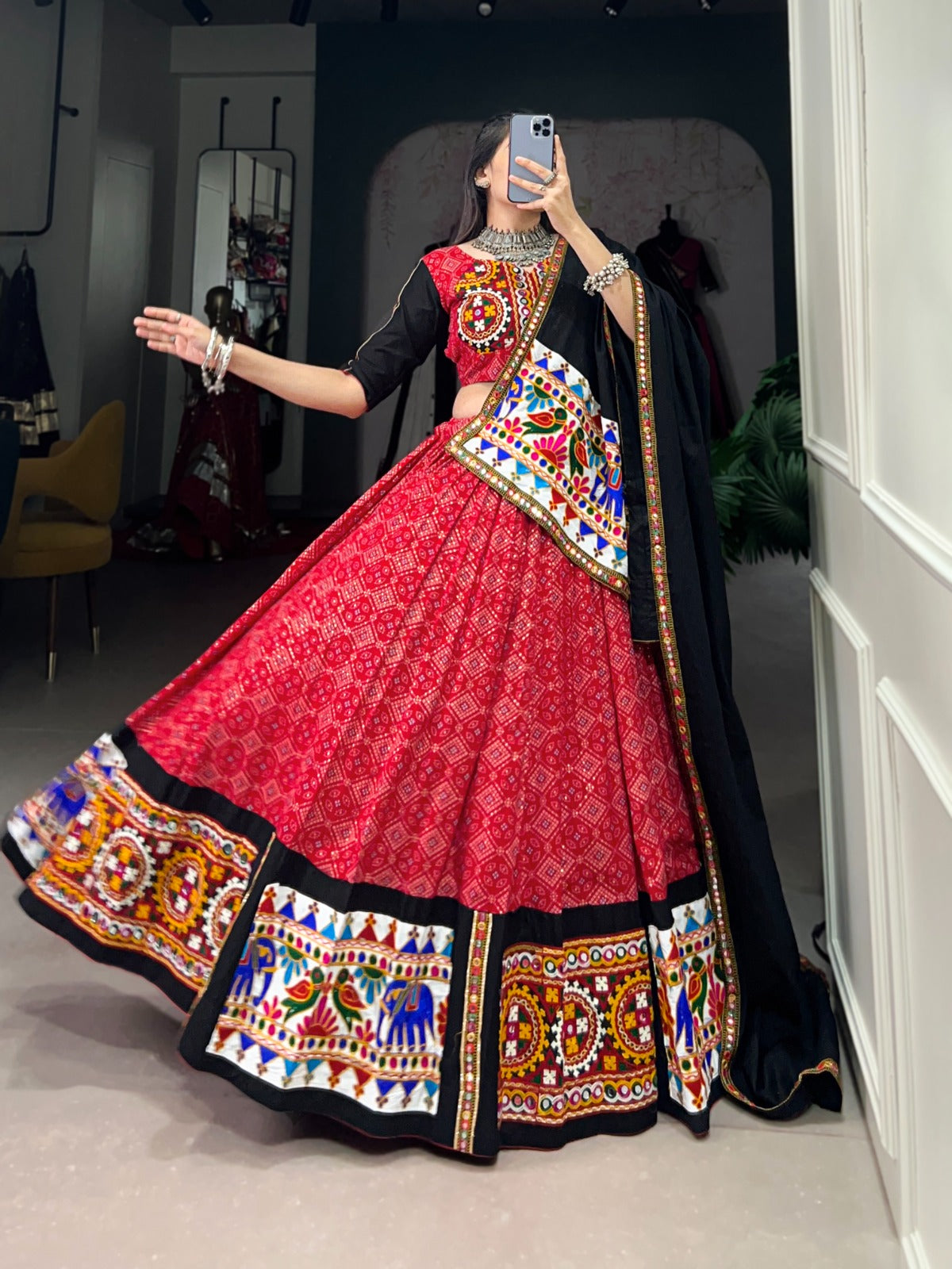 Red Navratri Special Gamthi Mirror Printed Lehenga Choli - ETHNICDEAL