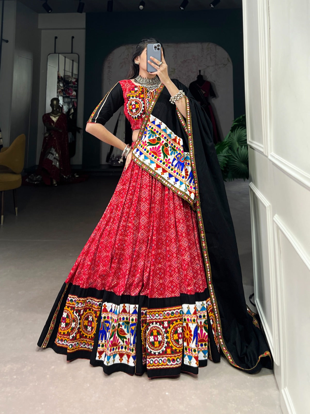 Red Navratri Special Gamthi Mirror Printed Lehenga Choli - ETHNICDEAL