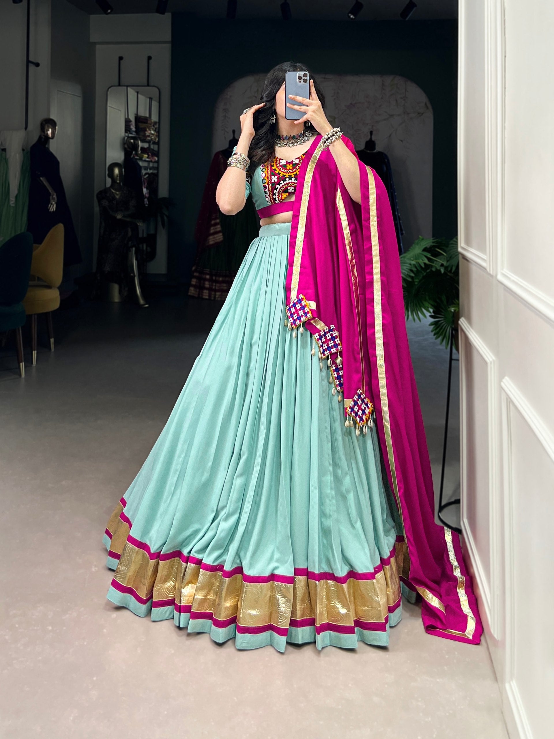 Sky Blue Pure Rayon Miror Gamthi Worked Navratri Wear Lehenga Choli - ETHNICDEAL