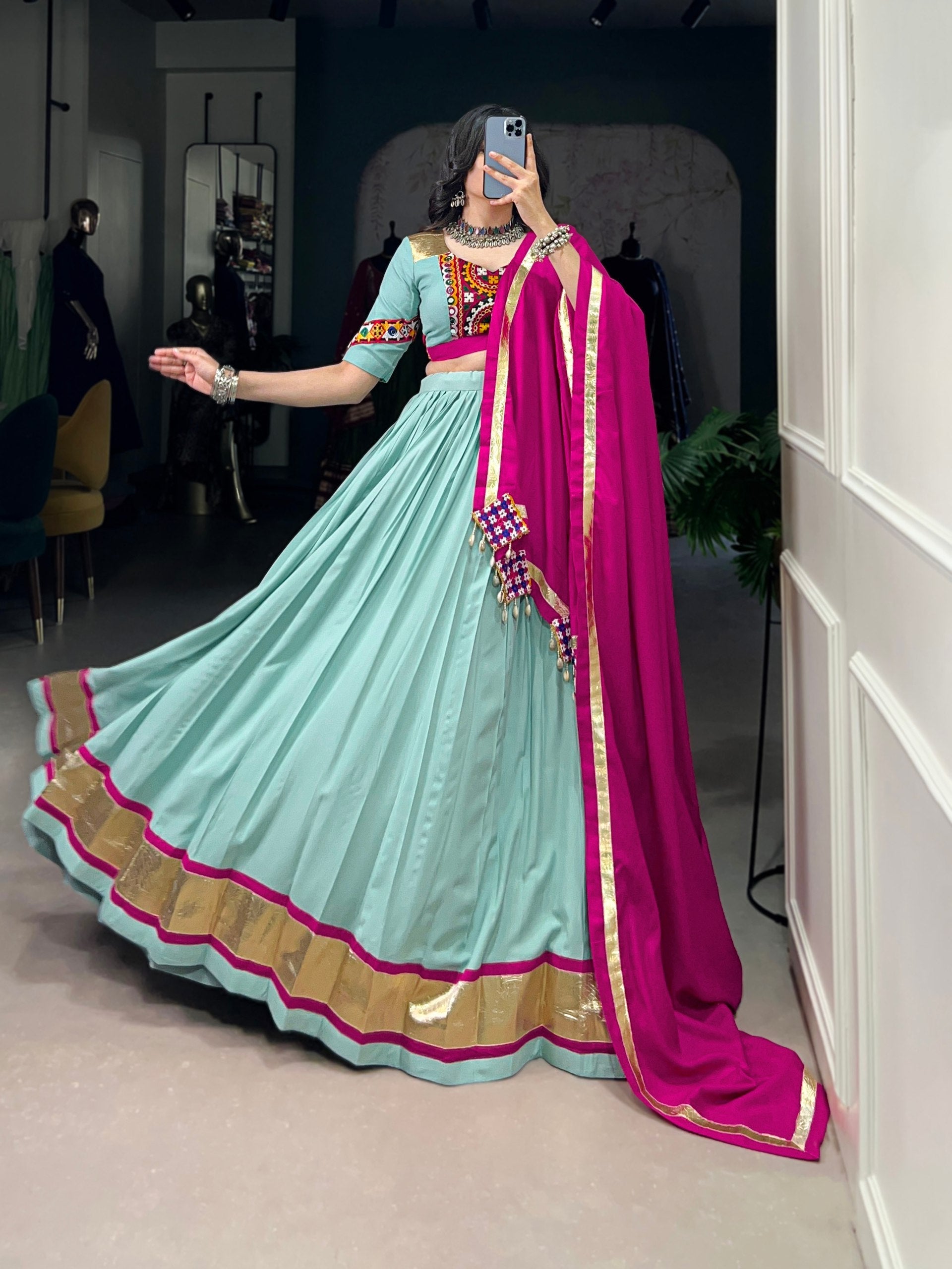 Sky Blue Pure Rayon Miror Gamthi Worked Navratri Wear Lehenga Choli - ETHNICDEAL