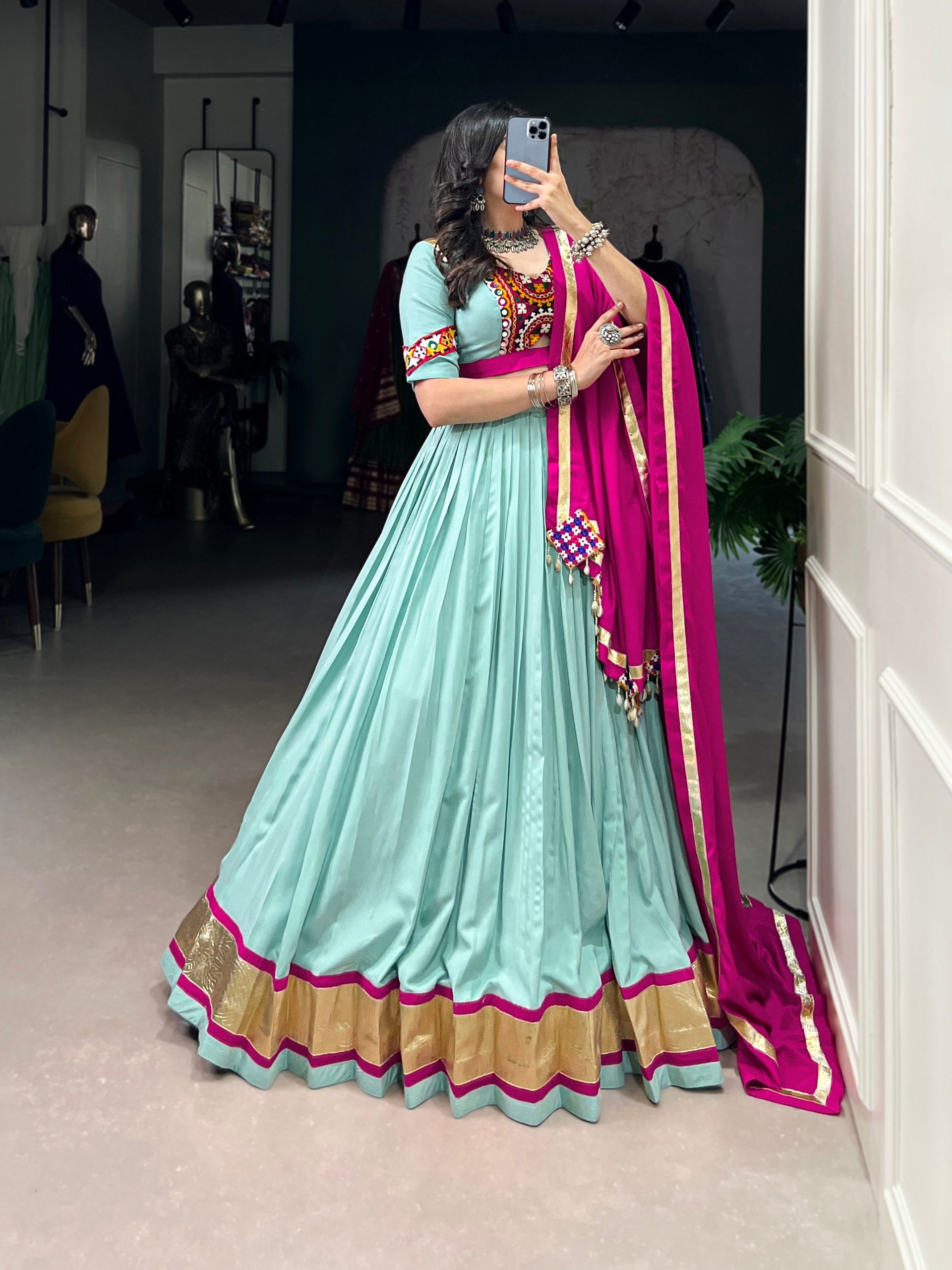 Sky Blue Pure Rayon Miror Gamthi Worked Navratri Wear Lehenga Choli - ETHNICDEAL