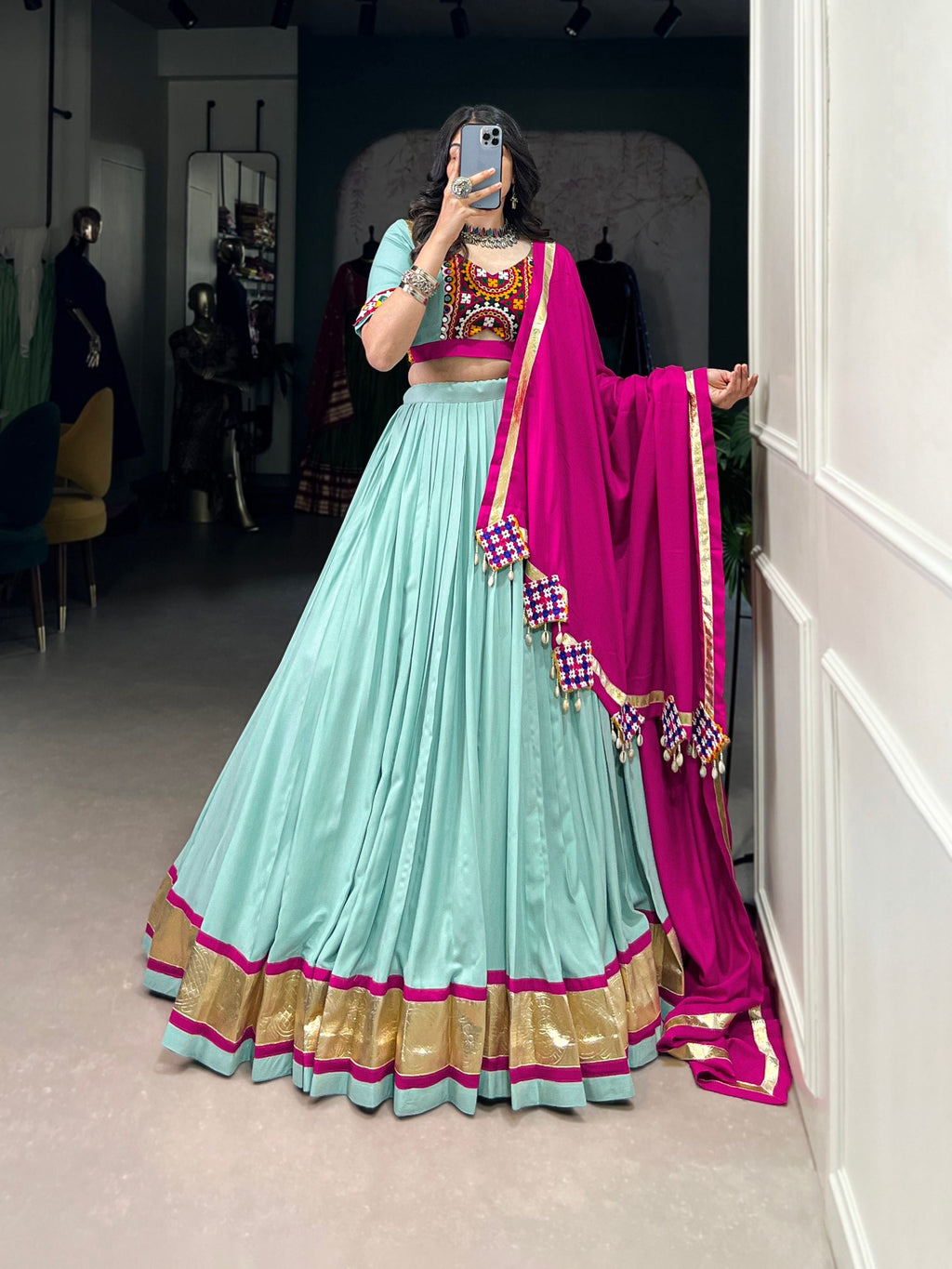 Sky Blue Pure Rayon Miror Gamthi Worked Navratri Wear Lehenga Choli - ETHNICDEAL