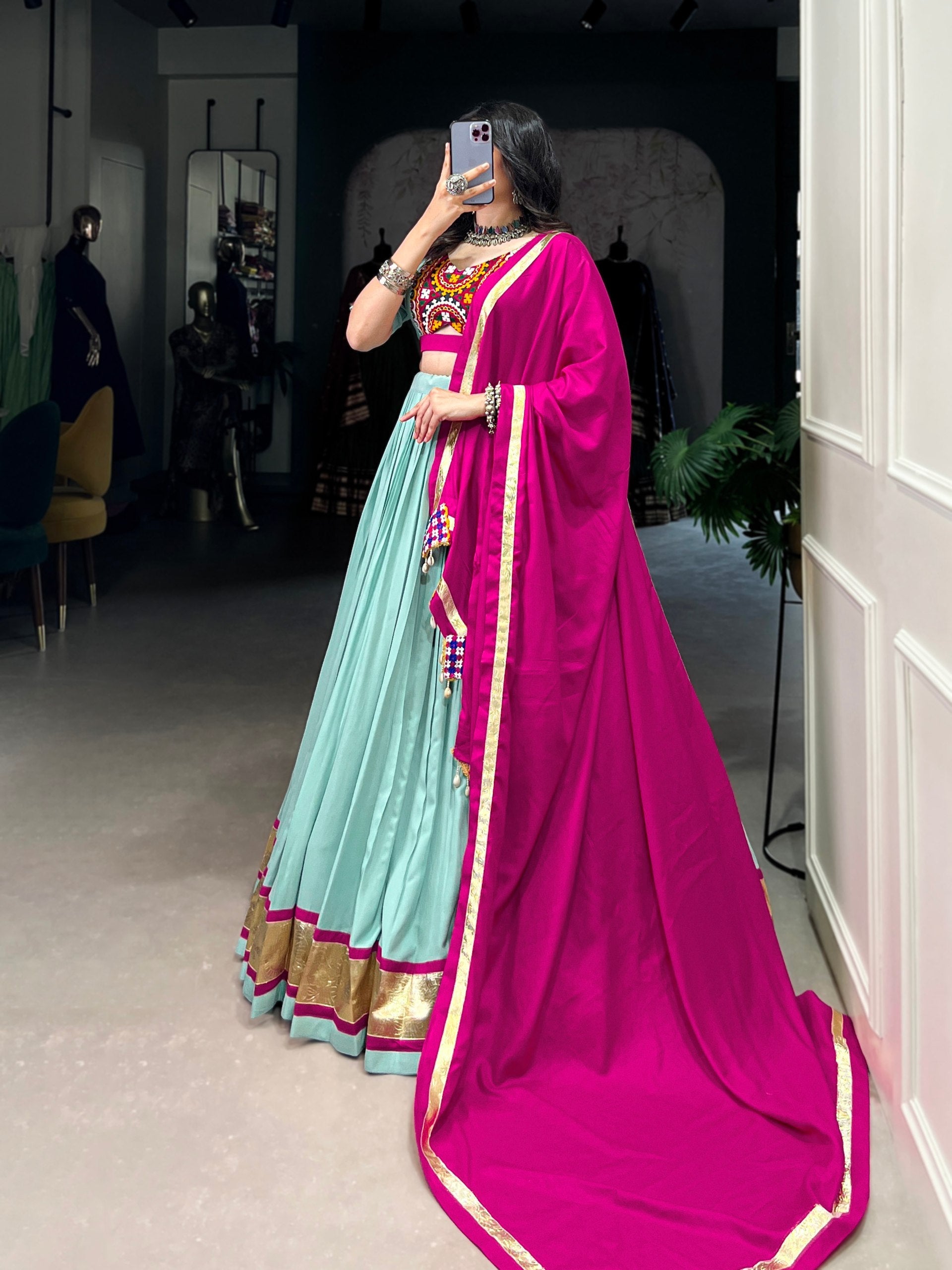 Sky Blue Pure Rayon Miror Gamthi Worked Navratri Wear Lehenga Choli - ETHNICDEAL