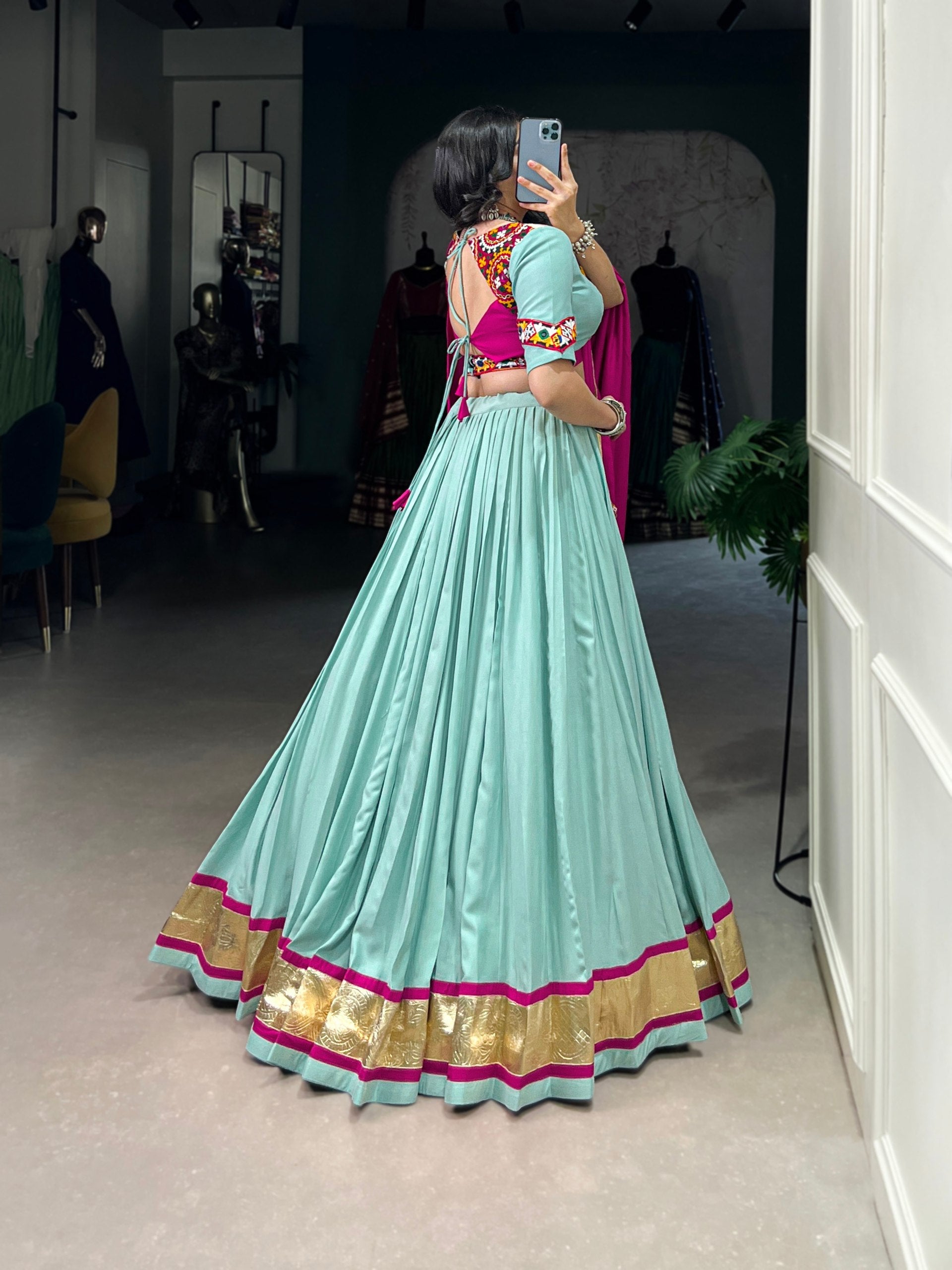 Sky Blue Pure Rayon Miror Gamthi Worked Navratri Wear Lehenga Choli - ETHNICDEAL
