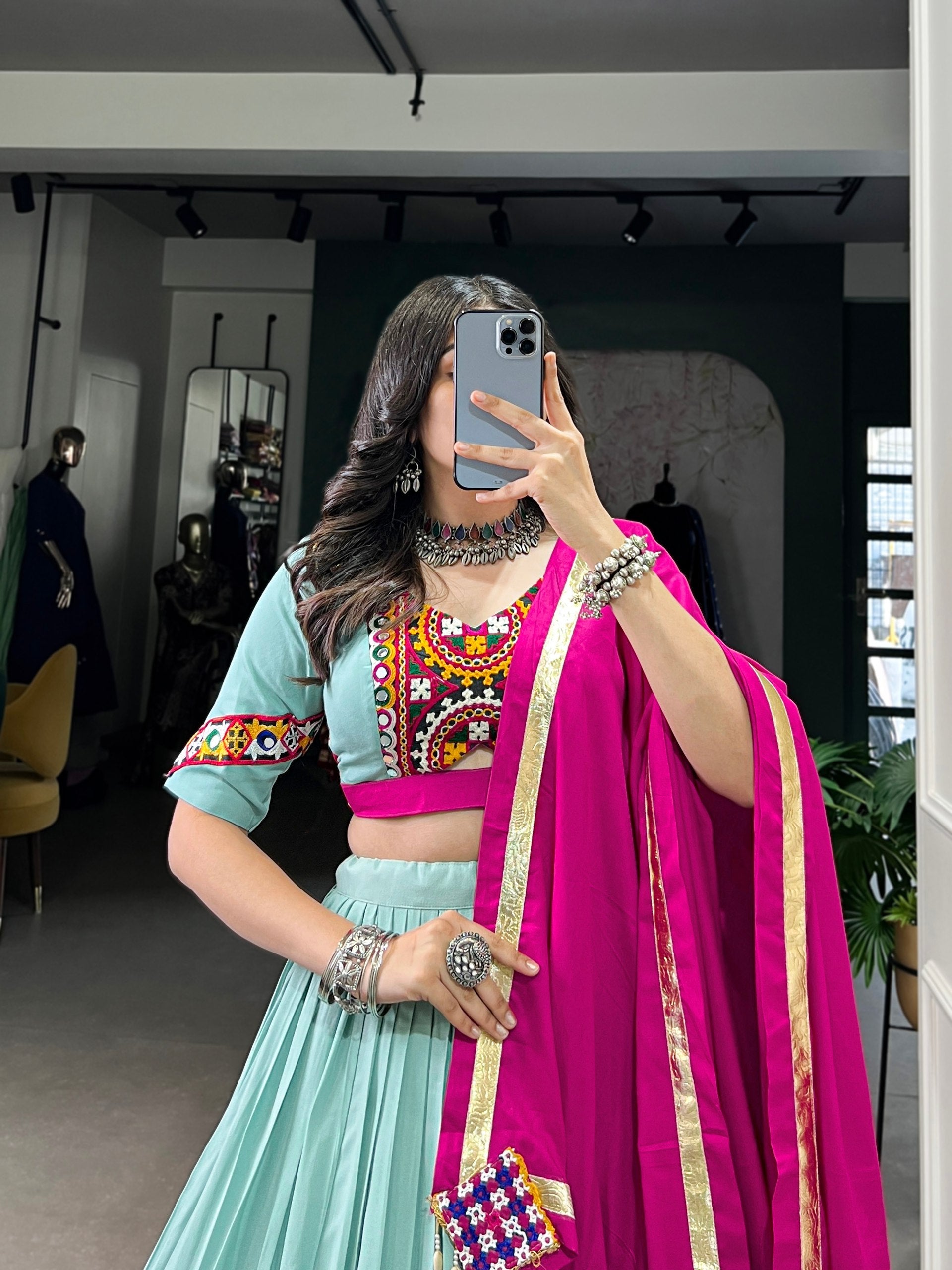 Sky Blue Pure Rayon Miror Gamthi Worked Navratri Wear Lehenga Choli - ETHNICDEAL