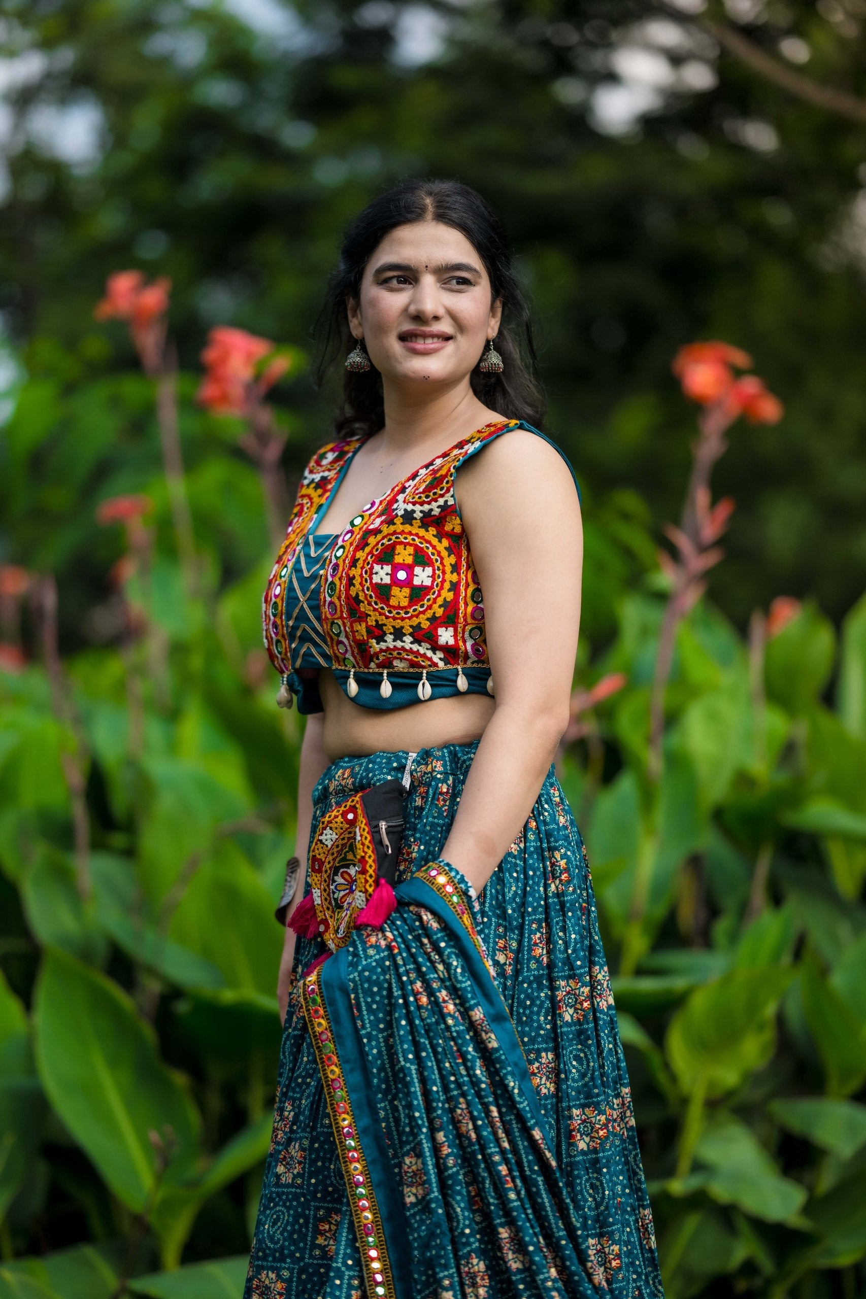 Spellbinding Teal blue Pure Cotton Gamthi Worked Navratri Lehenga Choli - ETHNICDEAL