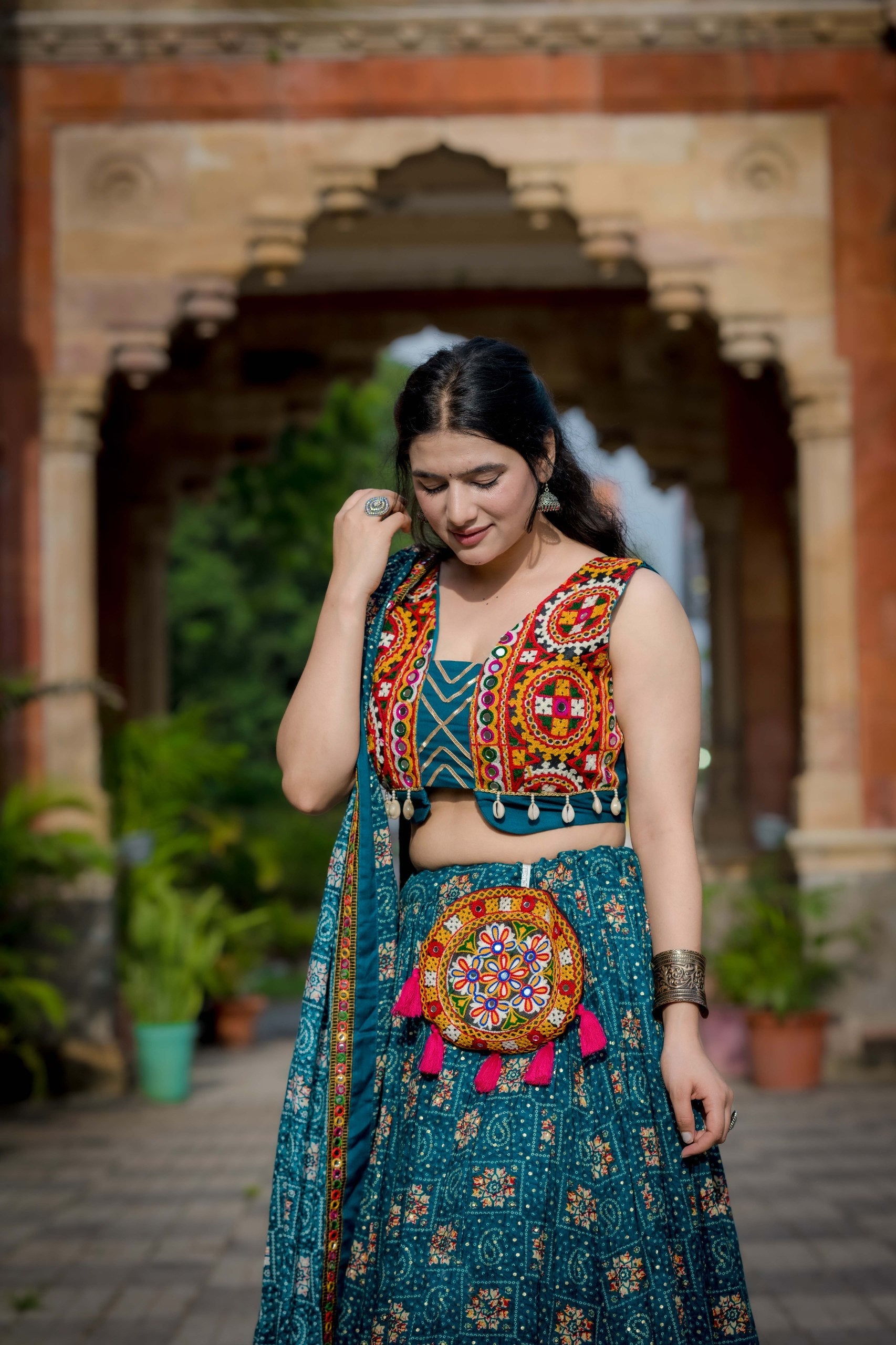 Spellbinding Teal blue Pure Cotton Gamthi Worked Navratri Lehenga Choli - ETHNICDEAL