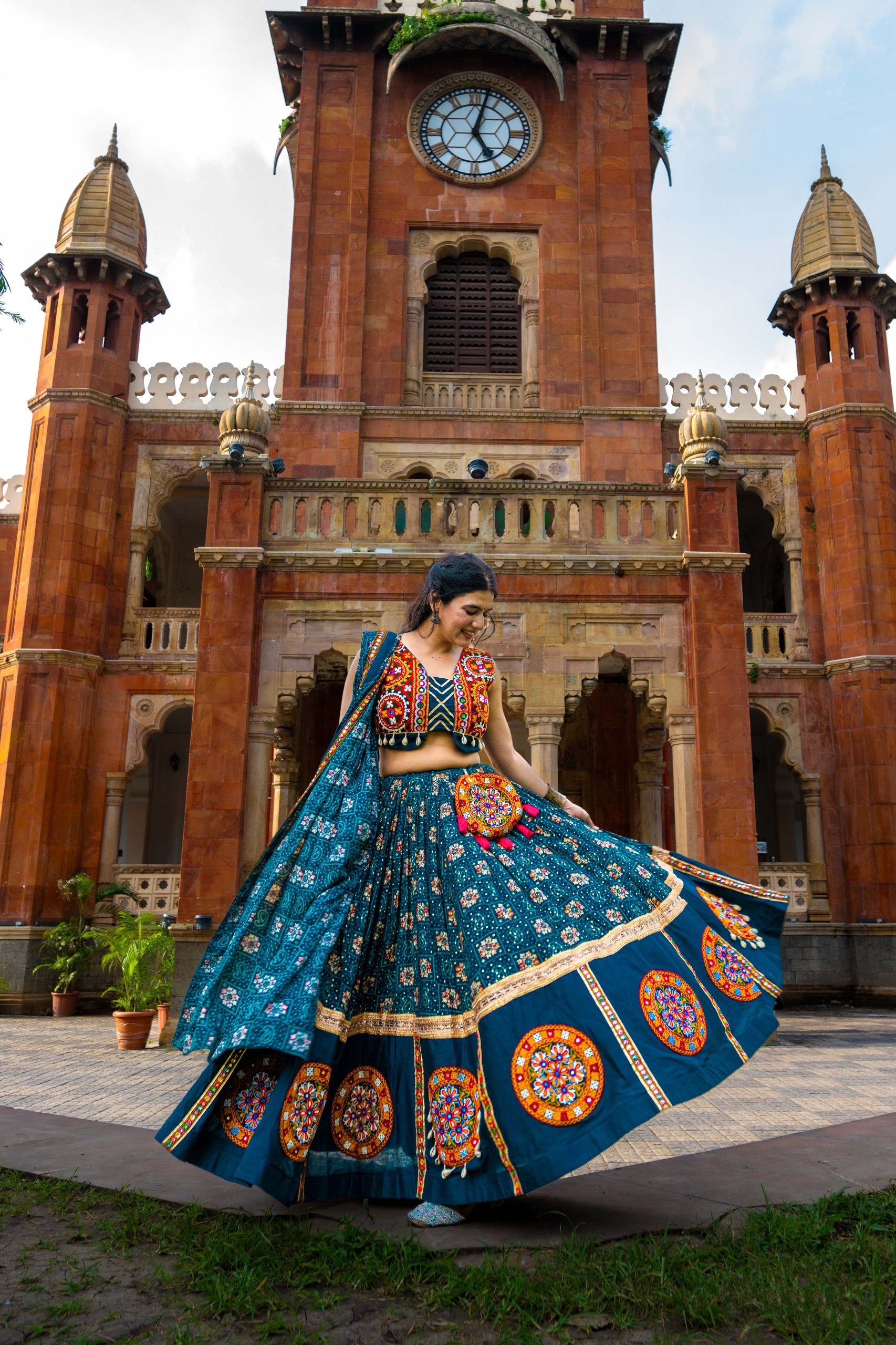 Spellbinding Teal blue Pure Cotton Gamthi Worked Navratri Lehenga Choli - ETHNICDEAL