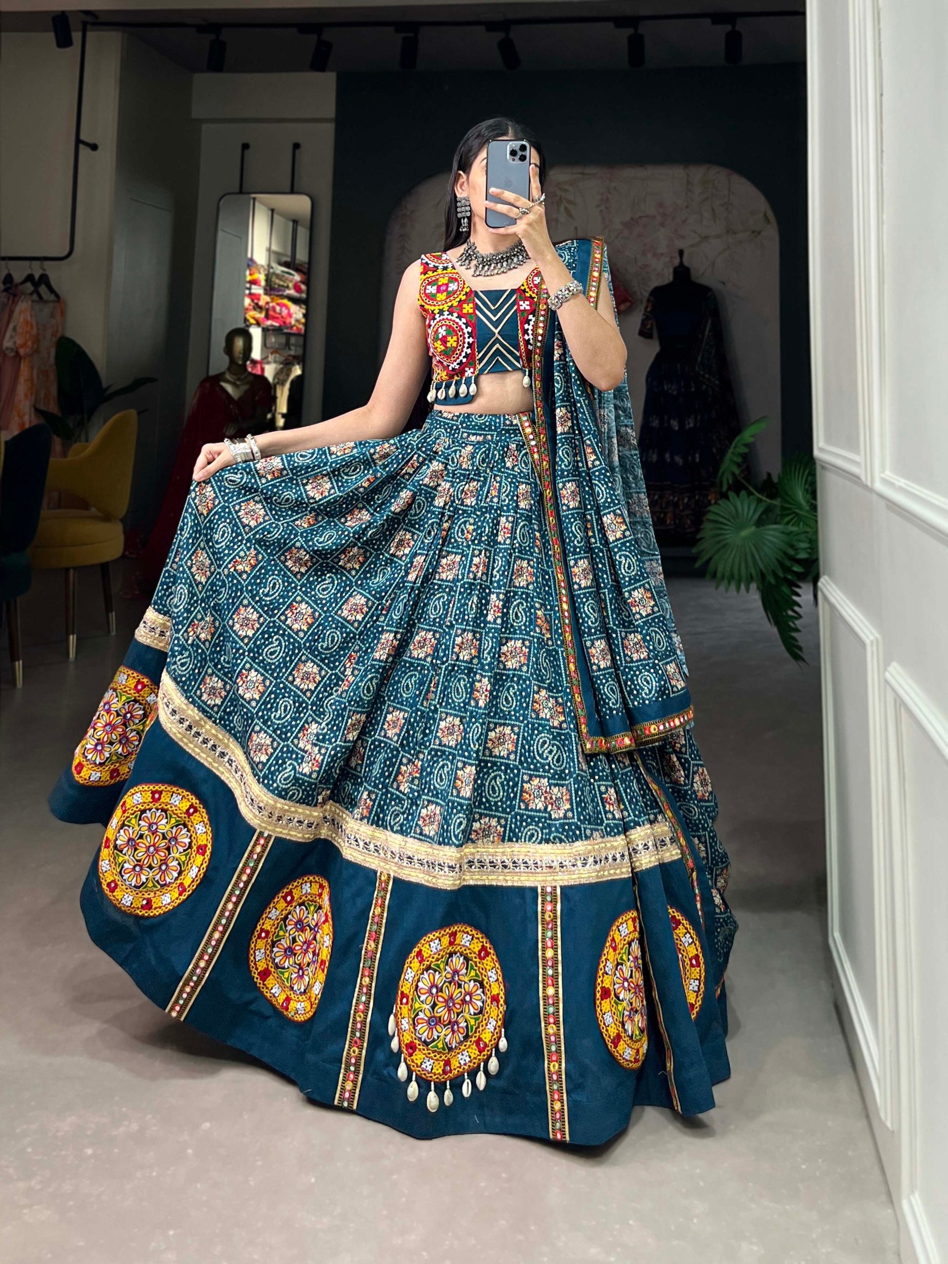 Spellbinding Teal blue Pure Cotton Gamthi Worked Navratri Lehenga Choli - ETHNICDEAL