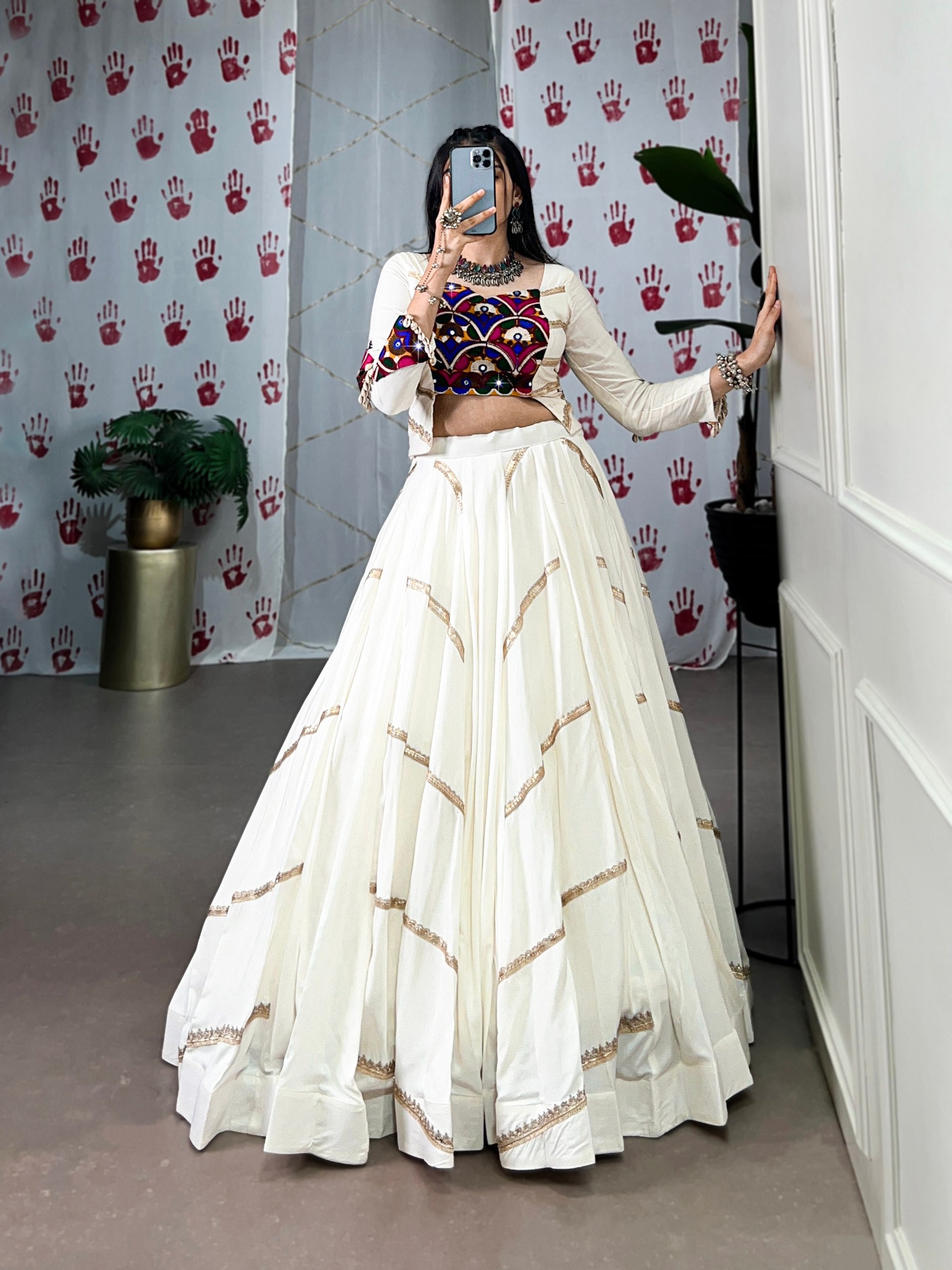 Spellbinding White Pure Rayon Sequins Lace Worked Navratri Lehenga Choli - ETHNICDEAL
