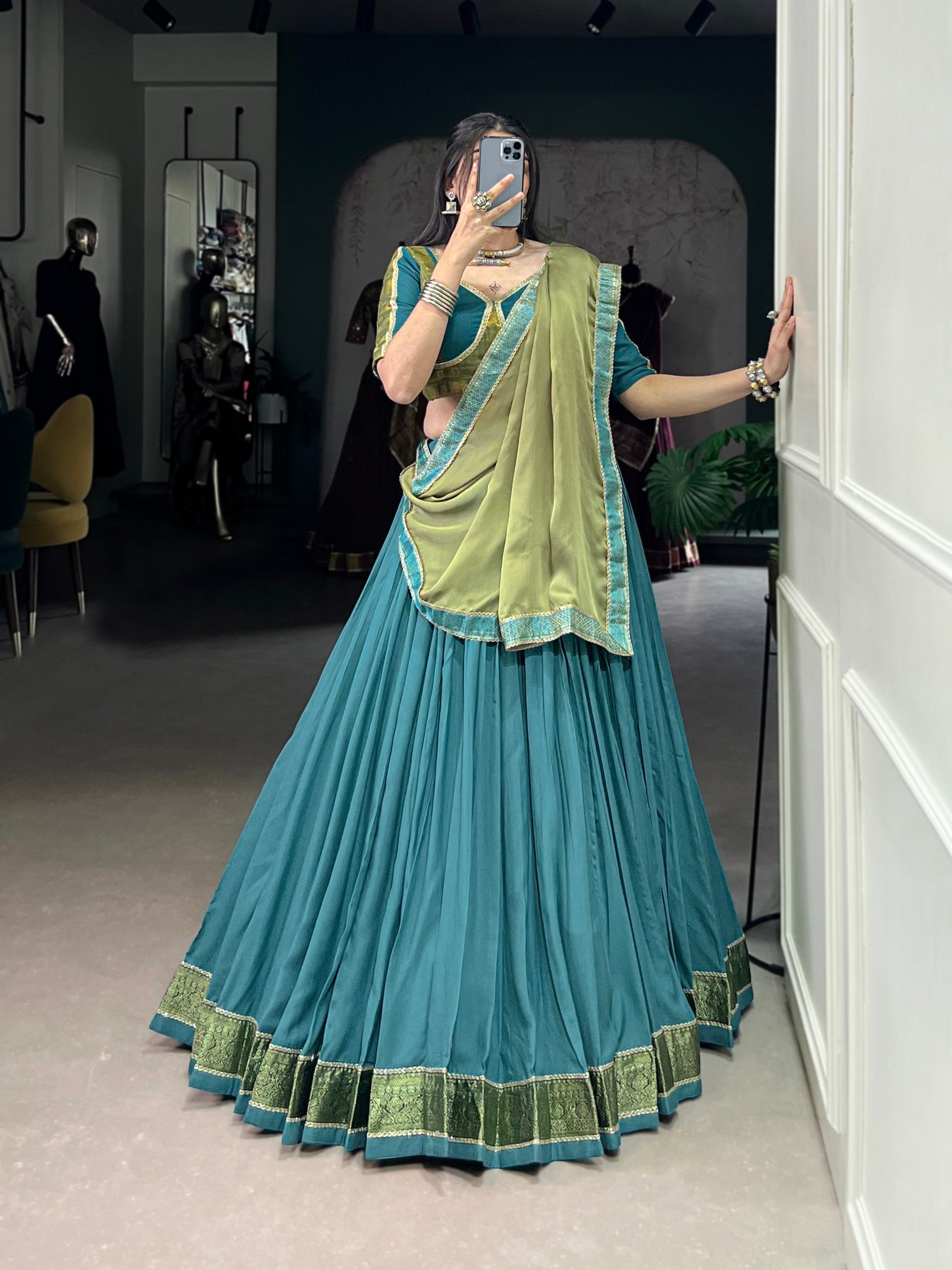 Teal Blue Pure Rayon Zari Weaving Worked Lehenga Choli - ETHNICDEAL